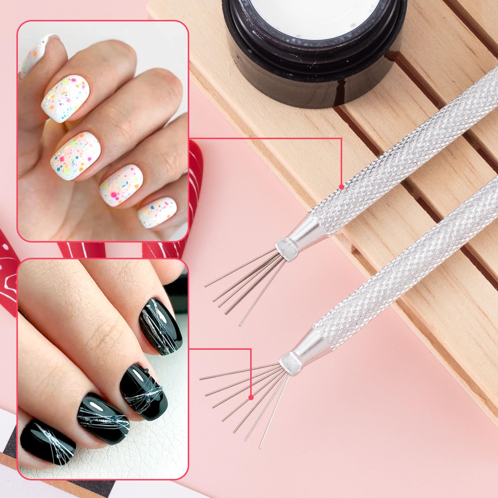 2 Pcs 7-Pin Nail Liners - Stainless Steel Ultra-Thin Nail Art Brushes for Spider Gel & Stripe Designs | Bendable Manicure Tools for Wire Drawing & Line Painting | Perfect for Salon & DIY Nail Art