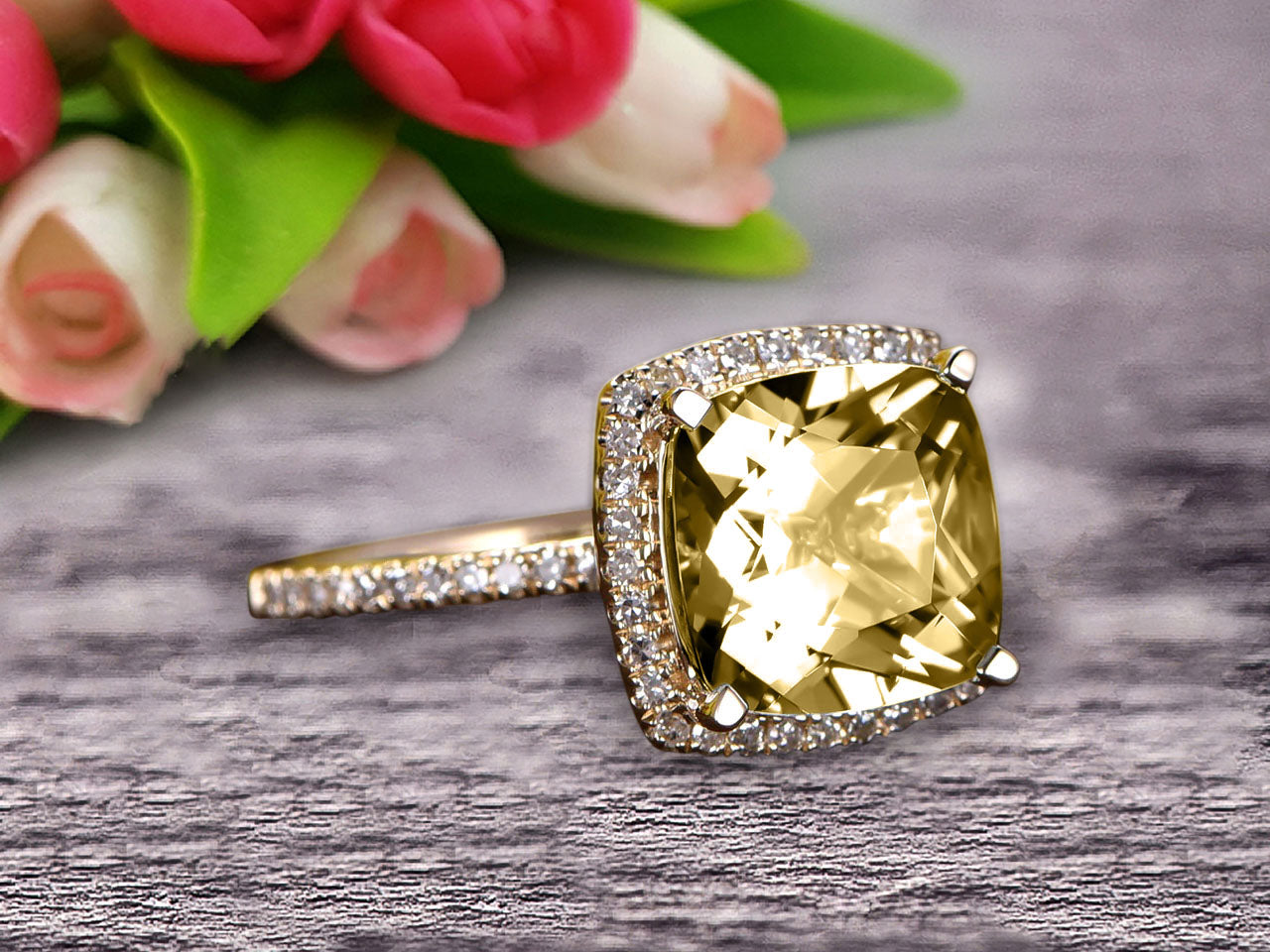 1.50 Carat Cushion Cut Champagne Diamond Moissanite Engagement Ring in 10K Yellow Gold - Perfect for Proposals, Weddings & Anniversary Gifts