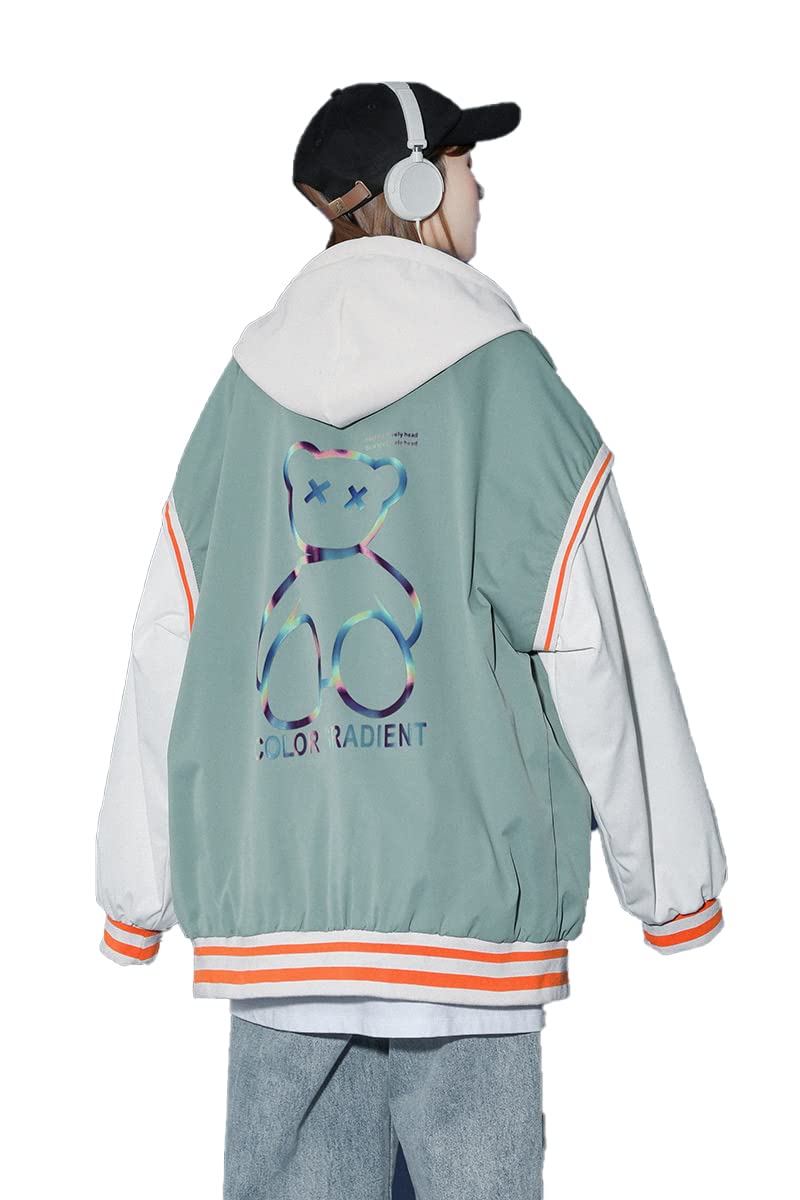 Women's Vintage Baseball Jacket with Hood - Reflective Varsity Coat for Casual Wear | Unisex Fashion Outerwear for Street Style & College Sports