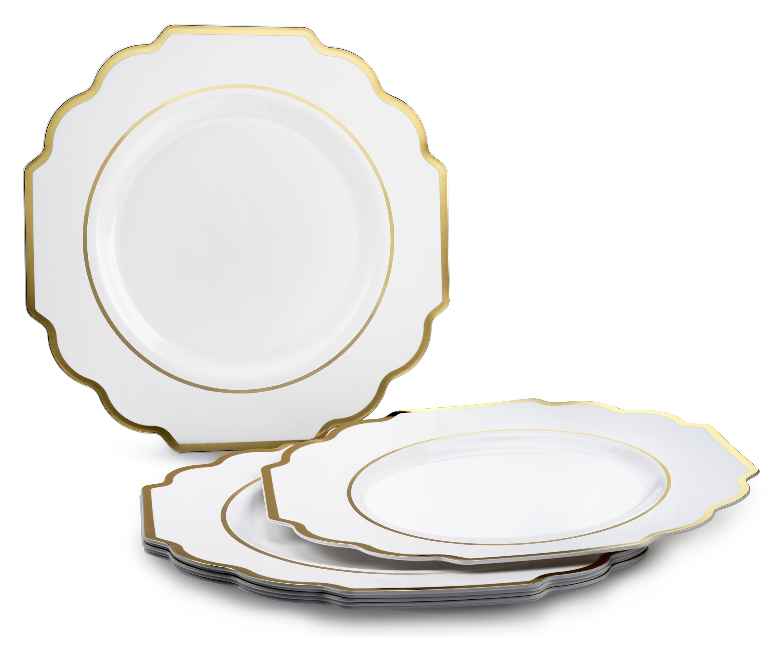 240-Piece Heavyweight Disposable Plastic Plates Set for Weddings & Parties - 120 x 10.5'' Dinner Plates + 120 x 8'' Salad/Dessert Plates in Elegant White & Gold | Perfect for Large Gatherings, Catering Events & Special Occasions