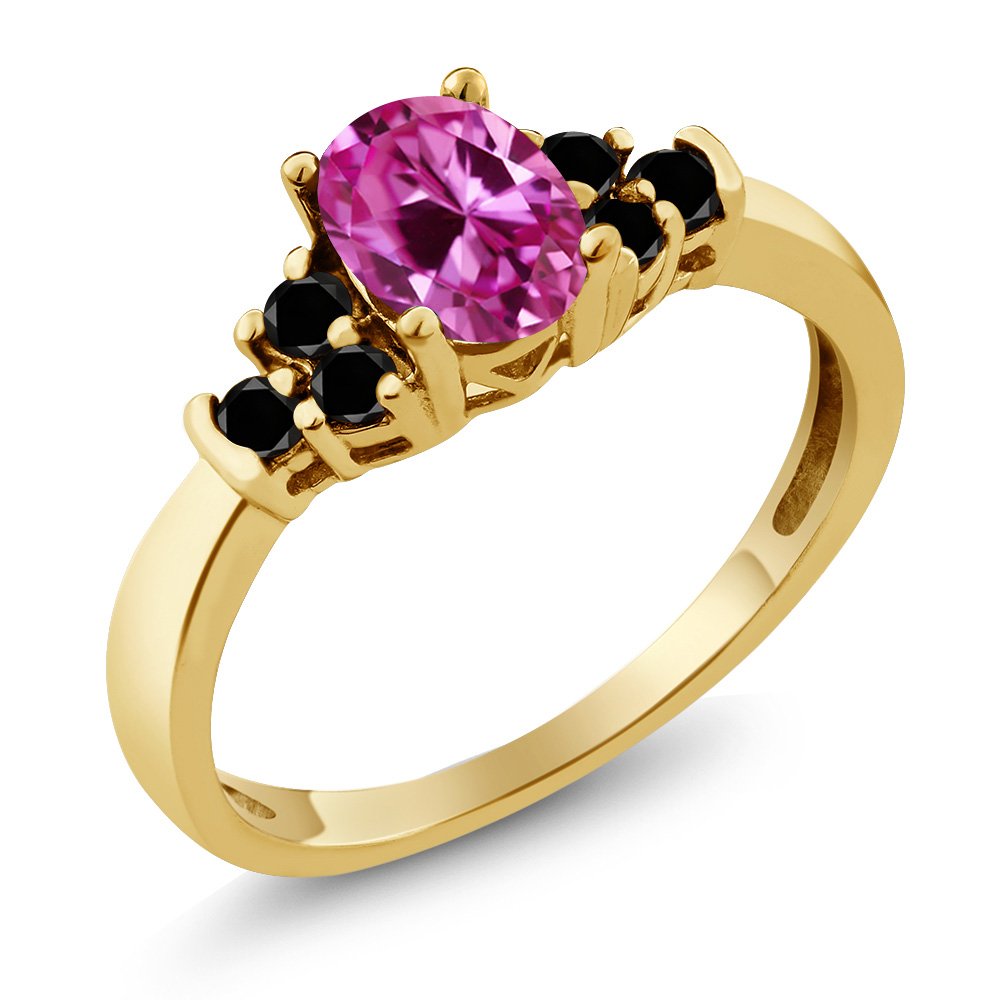 0.80 Ct Pink Lab-Created Sapphire & Black Diamond Ring in 925 Sterling Silver with Yellow Gold Plating | Elegant Jewelry for Women, Perfect for Engagement, Anniversary & Special Occasions