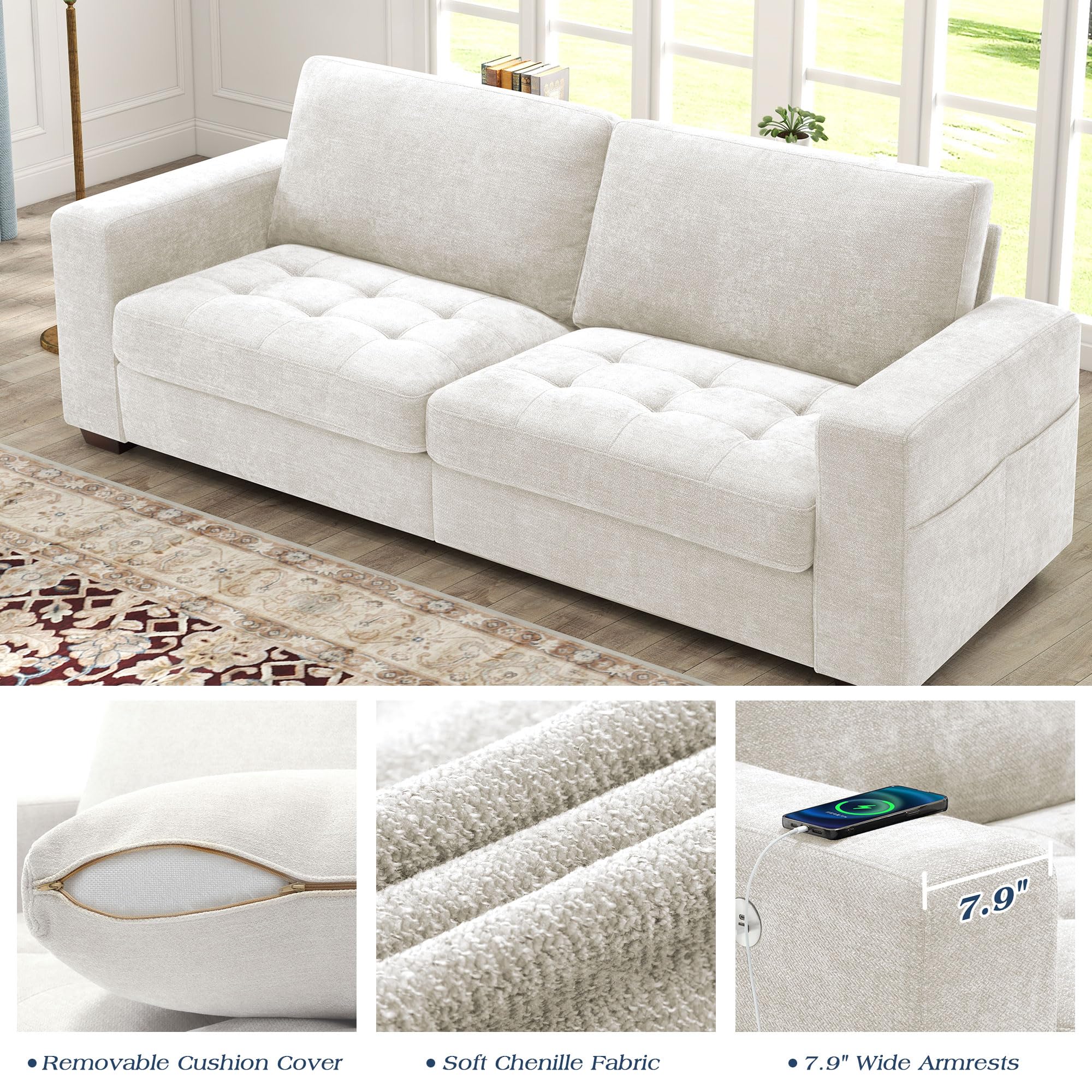 Modern Chenille Loveseat Sofa Set with USB Charging - 89