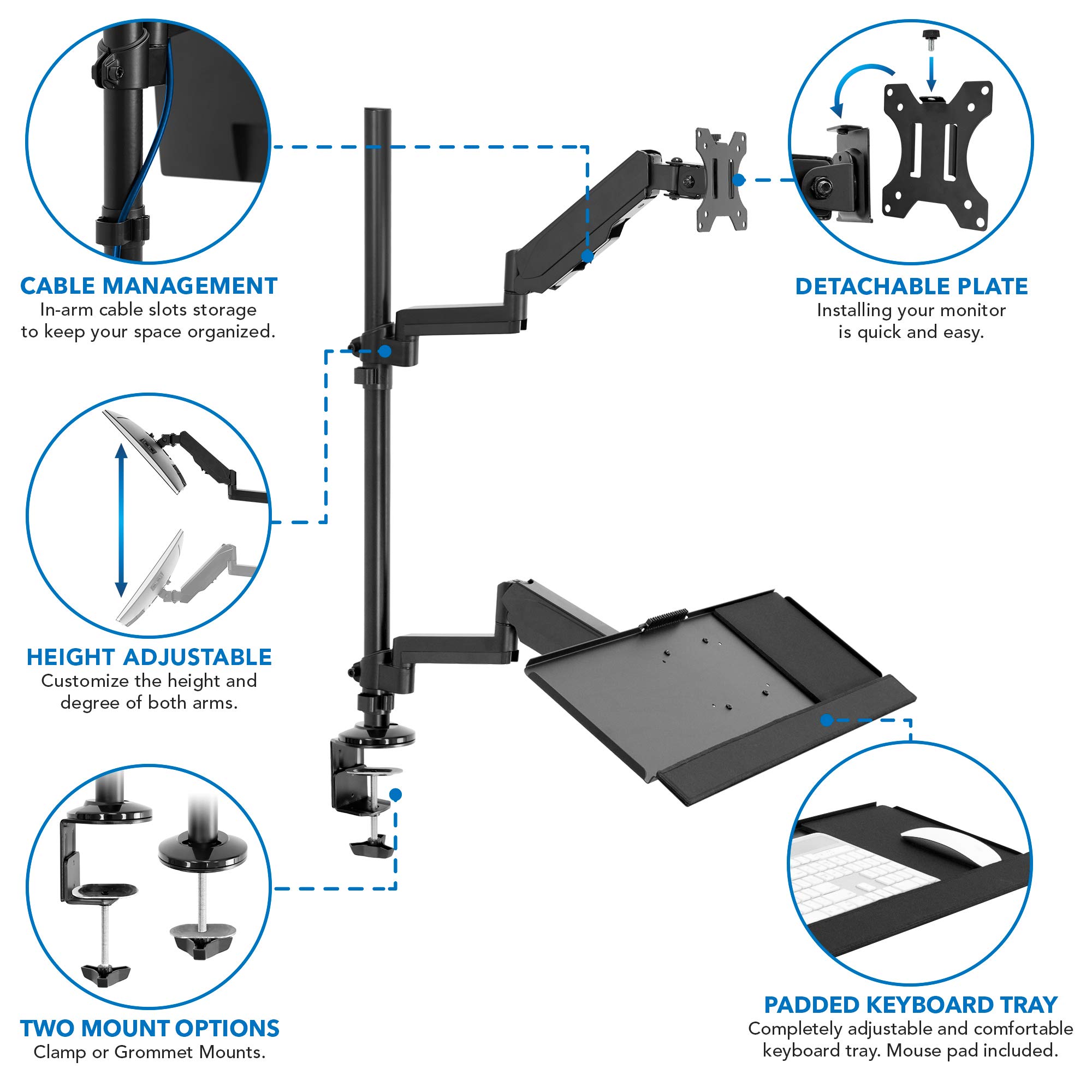 MOUNT-IT! Adjustable Standing Desk Monitor Mount for 32 Inch Screens - Full Motion Articulating Arm with Keyboard Tray & Cable Management - Ergonomic Black Workstation Solution for Home Office, Gaming & Productivity Setup