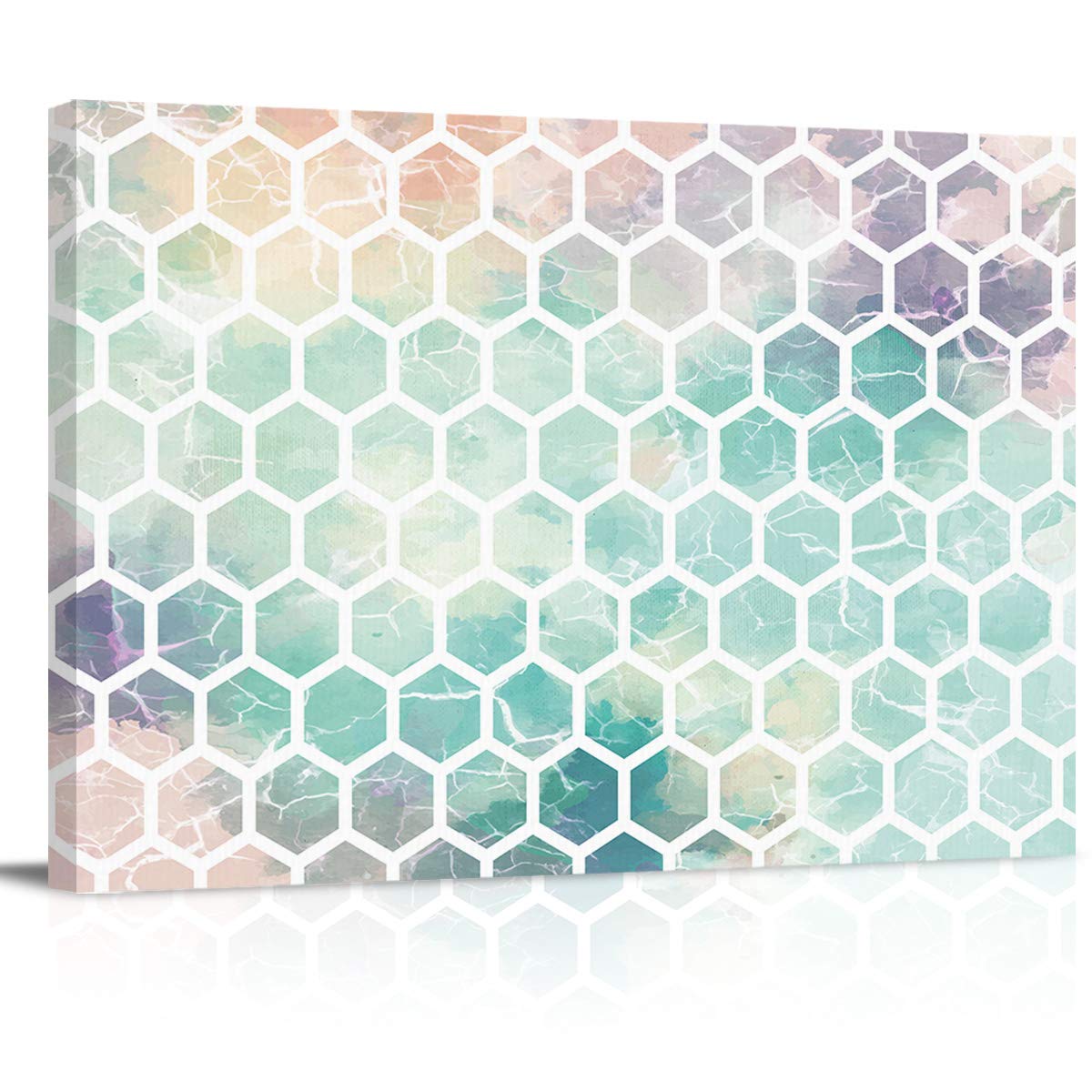 Framed Canvas Wall Art - Geometric Hexagon Retro Moroccan Pattern Cyan Marble Texture Painting for Bathroom & Bedroom Decor | Stretched & Ready to Hang | Modern Home Wall Decoration for Living Room, Office & Dorm