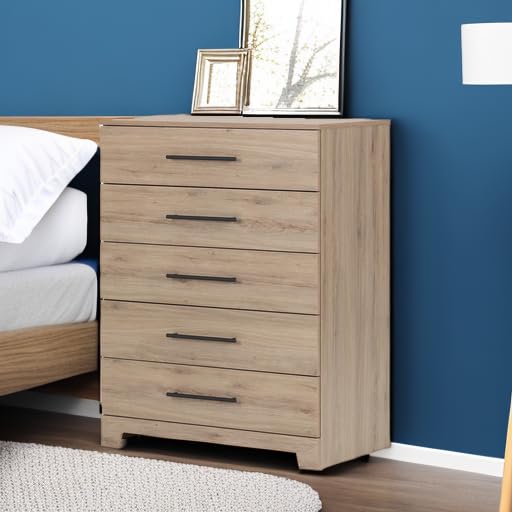 South Shore Primo 5-Drawer Dresser & Fynn 2-Drawer Nightstand Set in Rustic Oak with Nickel Finish Handles - Perfect for Bedroom Furniture and Home Organization