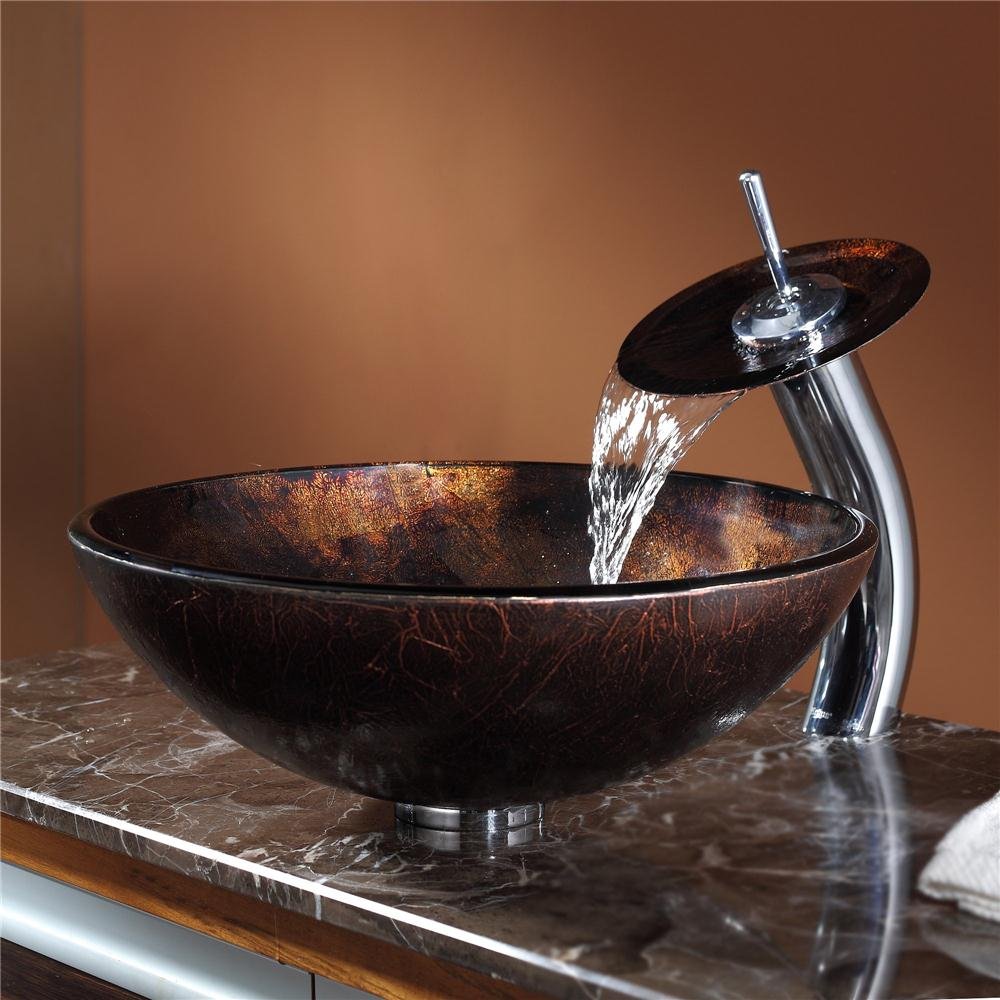 KRAUS Pluto Glass Vessel Bathroom Sink in Rich Brown with Chrome Waterfall Faucet - Modern Vanity Basin for Powder Room, Guest Bath, or Spa-Like Master Bath Retreat