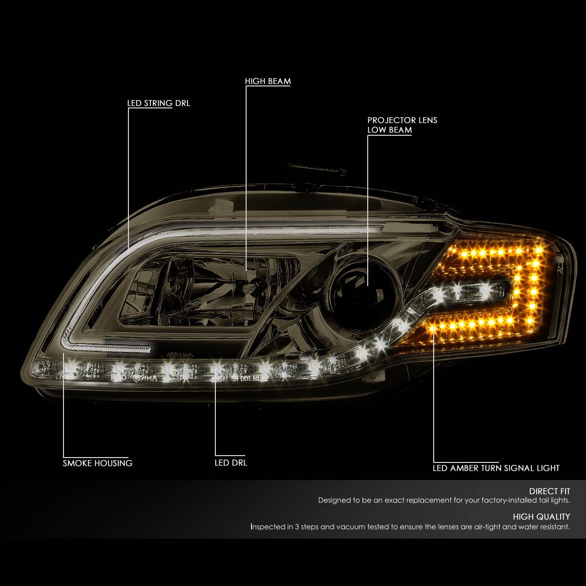 Auto Dynasty LED DRL Smoked Housing Projector Headlights + Tool Kit for 2005-2008 Audi A4 Quattro & S4 Sedan/Wagon | Premium Lighting Upgrade for Night Driving & Style Enhancement