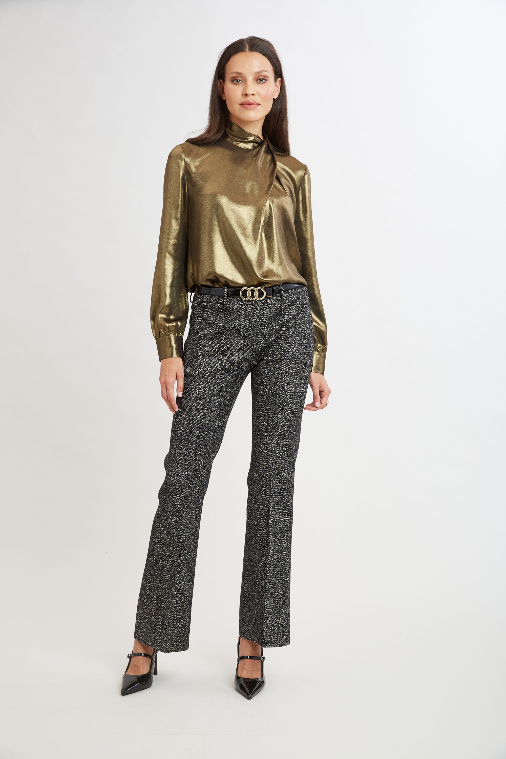 Elegant Metallic Draped Neck Blouse for Women - Party Wear & Evening Outfits - Perfect for Date Nights, Cocktail Events & Special Occasions