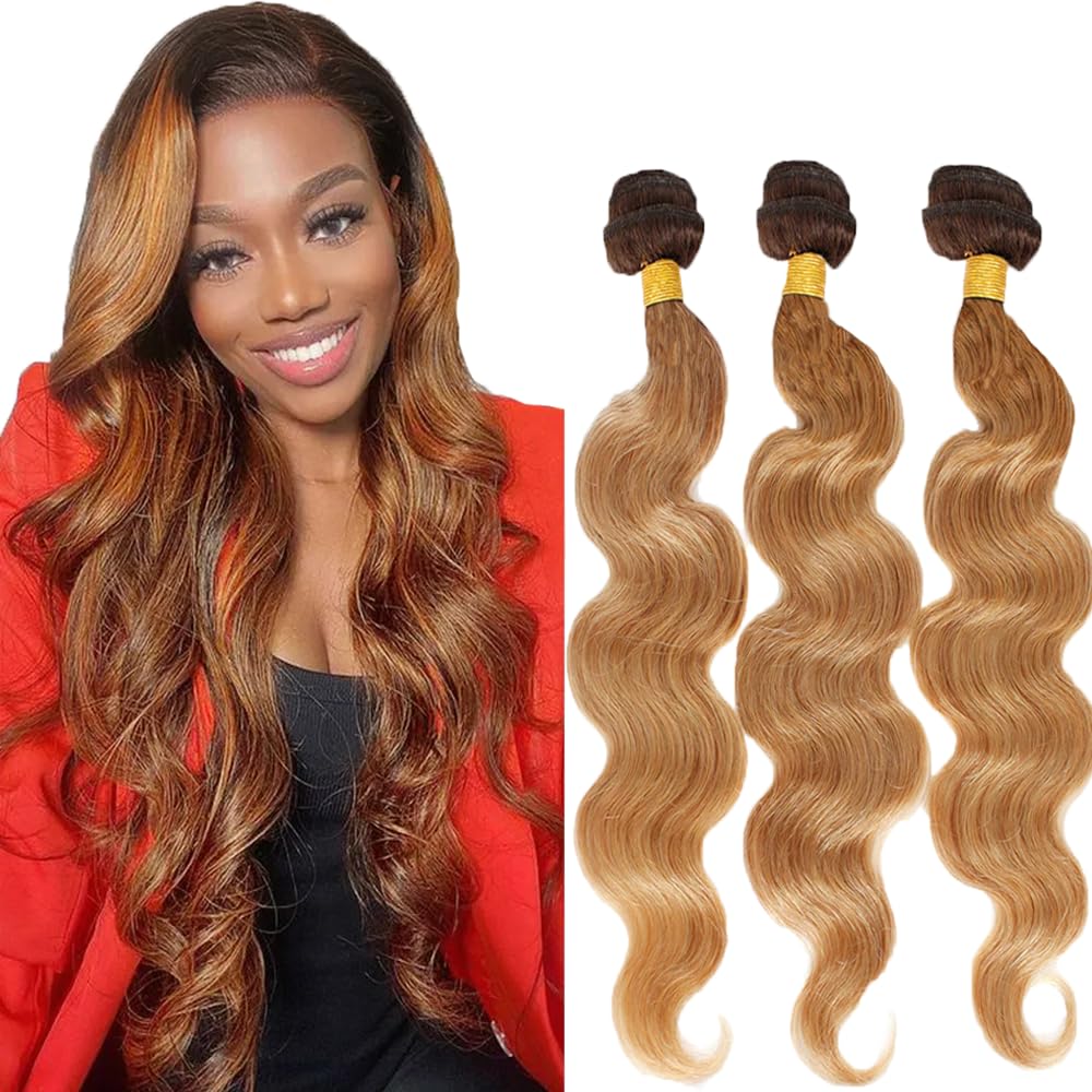 8A Grade Honey Blonde Body Wave Human Hair Weave Extensions - 14/16/18 Inch Ombre Two Tone Brown & Blonde Bundles (T4/27) | Perfect for Daily Styling, Parties & Special Occasions