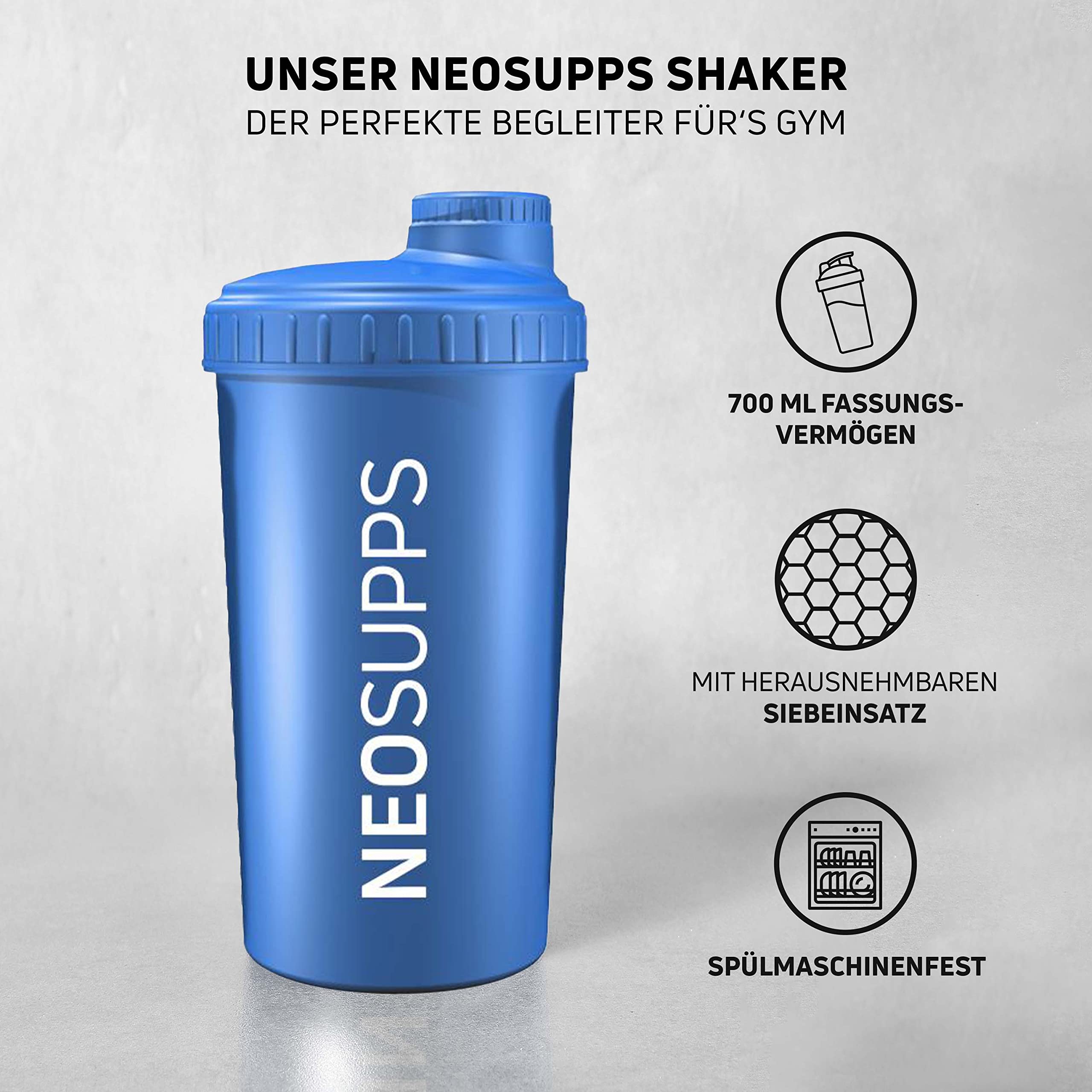Premium Neosupps Protein Shaker Bottle - 700ml Leak-Proof Gym & Fitness Shaker Cup for Protein Powder, Pre-Workout & Smoothies - Ideal for Bodybuilding, Weight Loss & Post-Workout Recovery - Blue