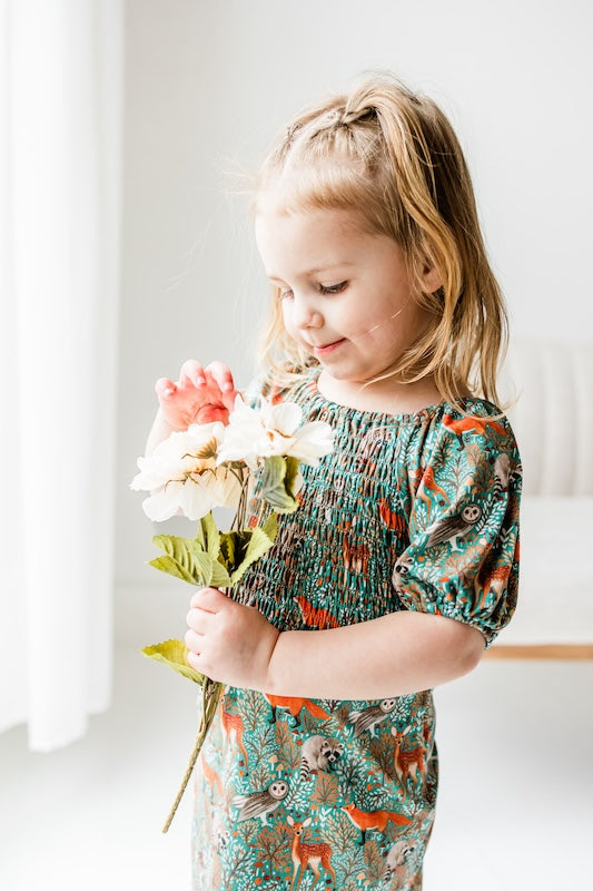 Teal Thicket Girls Smocked Dress - Elegant Floral Embroidery Summer Party & Church Outfit for Toddler & Kids