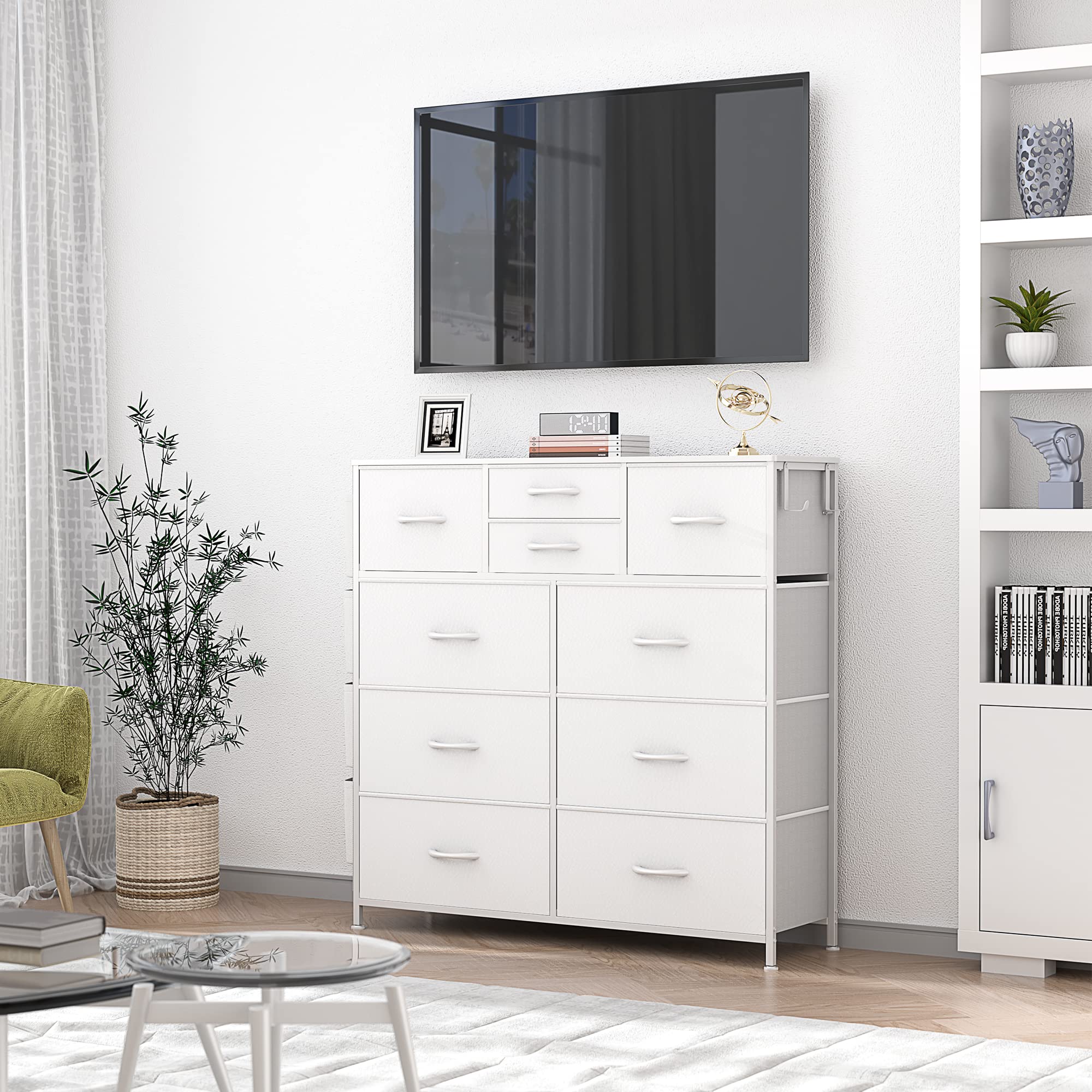 White 10-Drawer Dresser with Side Pockets & Hooks - Bedroom Storage Organizer for Kids Room & Hallway