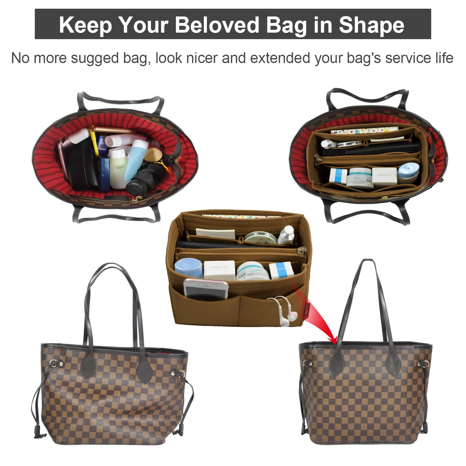 OMYSTYLE Felt Purse Organizer Insert - 5 Sizes Handbag Divider for Longchamp, Neverfull, Speedy & More | Tote Bag Organizer for Women | Perfect for Travel, Work & Daily Use