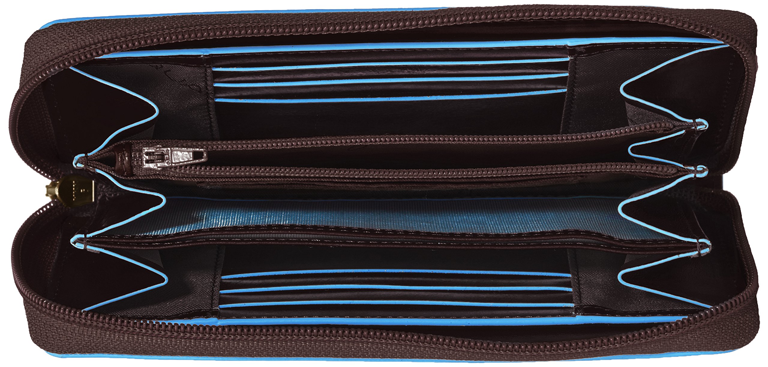 Piquadro Women's Leather Wallet with Zipper Closure, 3 Gussets, Coin Pocket & Multiple Credit Card Slots - Elegant Mahogany Brown for Everyday Use & Travel Essentials