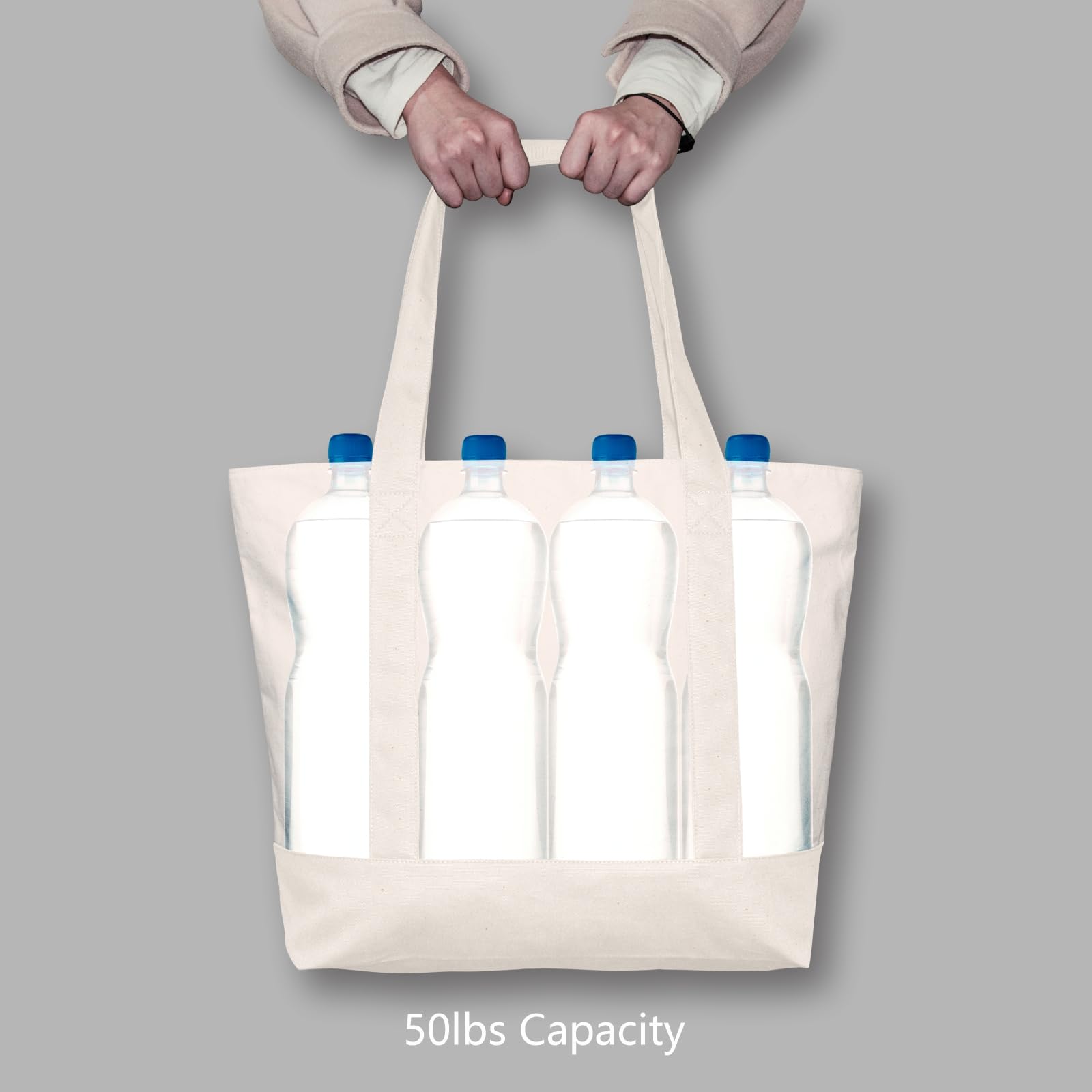 TOPDesign 30-Pack Canvas Tote Bags with External Pocket - Reusable Grocery Shopping Bags with Zipper Closure for Daily Essentials (Natural) | Perfect for Groceries, Beach Trips & Eco-Friendly Shopping