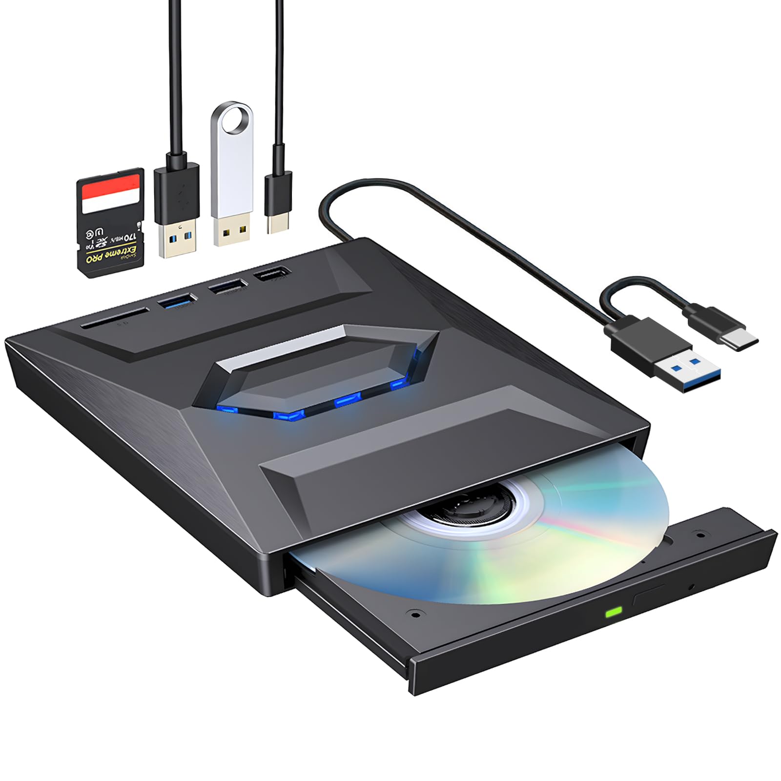 ROOFULL Portable External CD DVD Drive USB 3.0 & USB-C - CD/DVD Burner Player with USB Hub & SD Card Reader - Optical Disk Drive Writer for Laptop PC Windows 11/10, Mac, Linux - Perfect for Home Office, Travel, and Media Backup