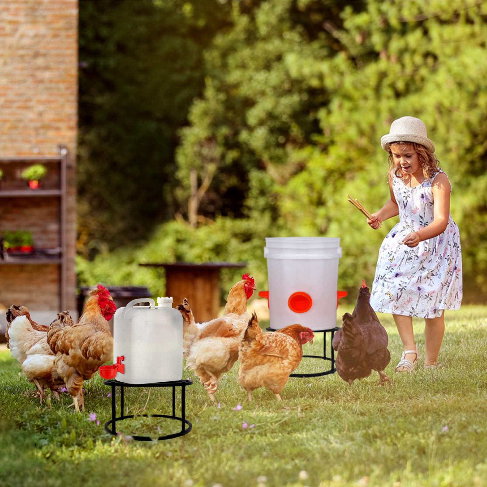 4Pcs Heavy Duty Metal Chicken Waterer Feeder Stand with 4 Legs & Round Base - Bucket & Barrel Support Holder for Poultry Coop - Indoor/Outdoor Use for Chicken Farms, Backyard Flocks & Homesteading