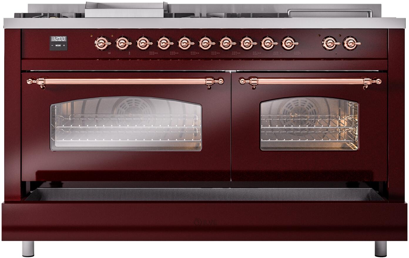 ILVE Nostalgie II 60-Inch Dual Fuel Natural Gas Range with Copper Trim - Burgundy (UP60FSNMPBUP) | Professional Gas Stove for Home Kitchen, Restaurant & Culinary Enthusiasts