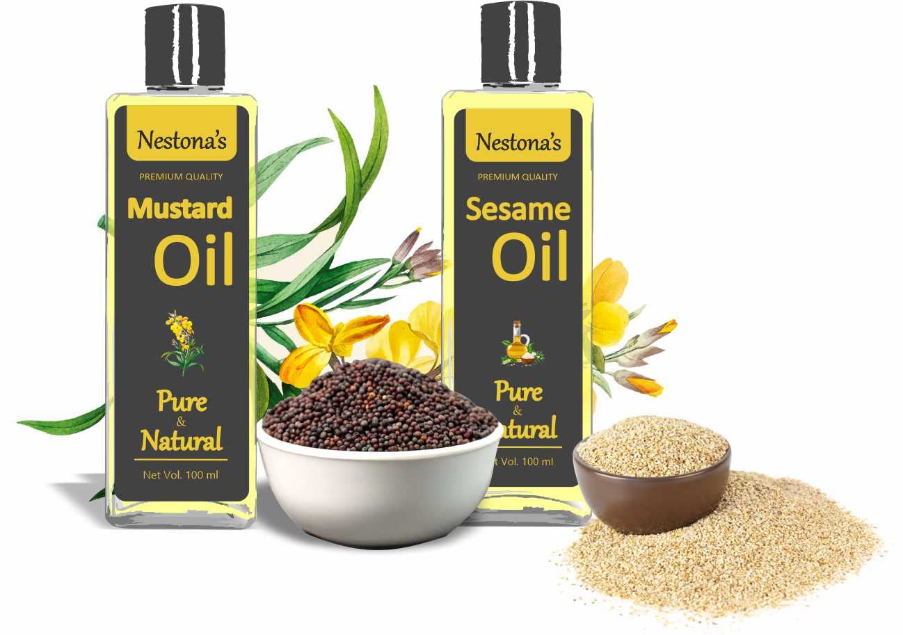 Nestona's Premium Sesame Oil & Mustard Oil Combo Pack for Skin Care, Hair Nourishment & Body Massage | Organic Cold-Pressed Oils for Healthy Skin & Hair Growth | Perfect for Aromatherapy, Scalp Treatment & Relaxing Massage