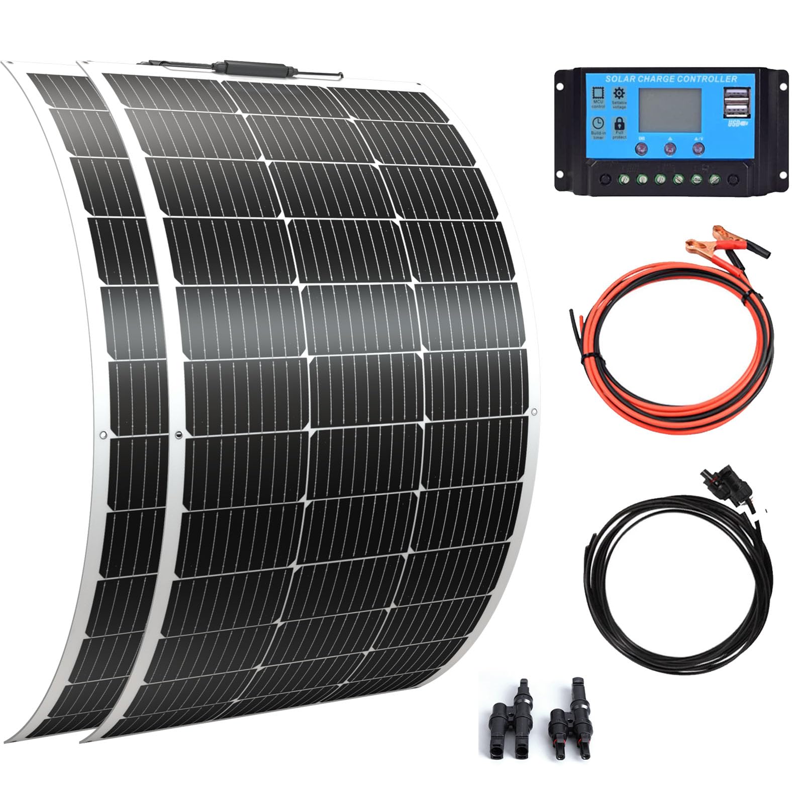 200W Flexible Solar Panel Kit - 2pcs 100W Monocrystalline Solar Panels with Charge Controller & PV Connector for RV, Boat, Cabin, Tent, Car, Trailer - Perfect for Off-Grid Power & 12V Battery Charging