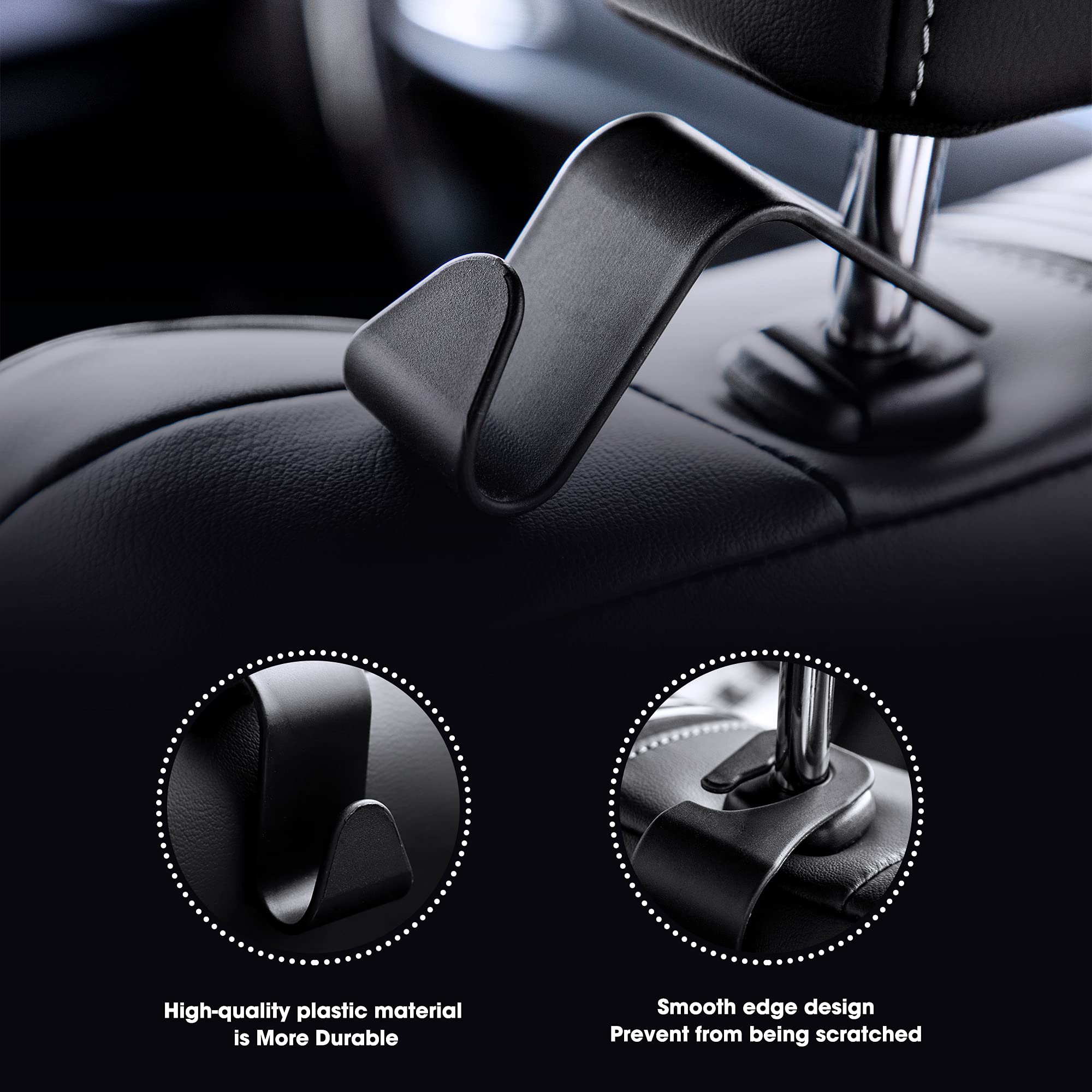 HOUSE DAY 4 Pack Heavy Duty Car Seat Headrest Hooks - Black Purse & Bag Holder for Vehicle, Space Saving Car Organizer - Perfect for Purses, Grocery Bags, Backpacks & Shopping Bags While Driving