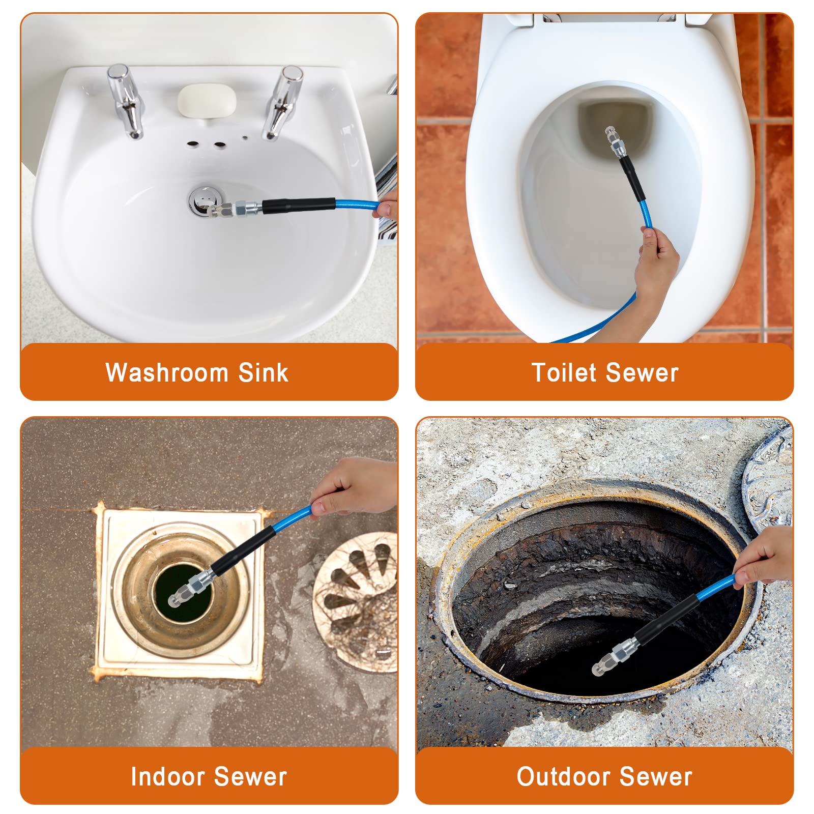 100 FT Sewer Jetter Kit for Pressure Washer - 5800PSI High-Pressure Water Drain Cleaner Hose with 1/4 Inch NPT Corner & 4 Jetting Nozzles - Includes Pearl Corsage Pin, Waterproof Tape, Handle Strap & 2 Spanners (Blue) - Perfect for Clogged Drains, Sewer Lines & Pipe Cleaning