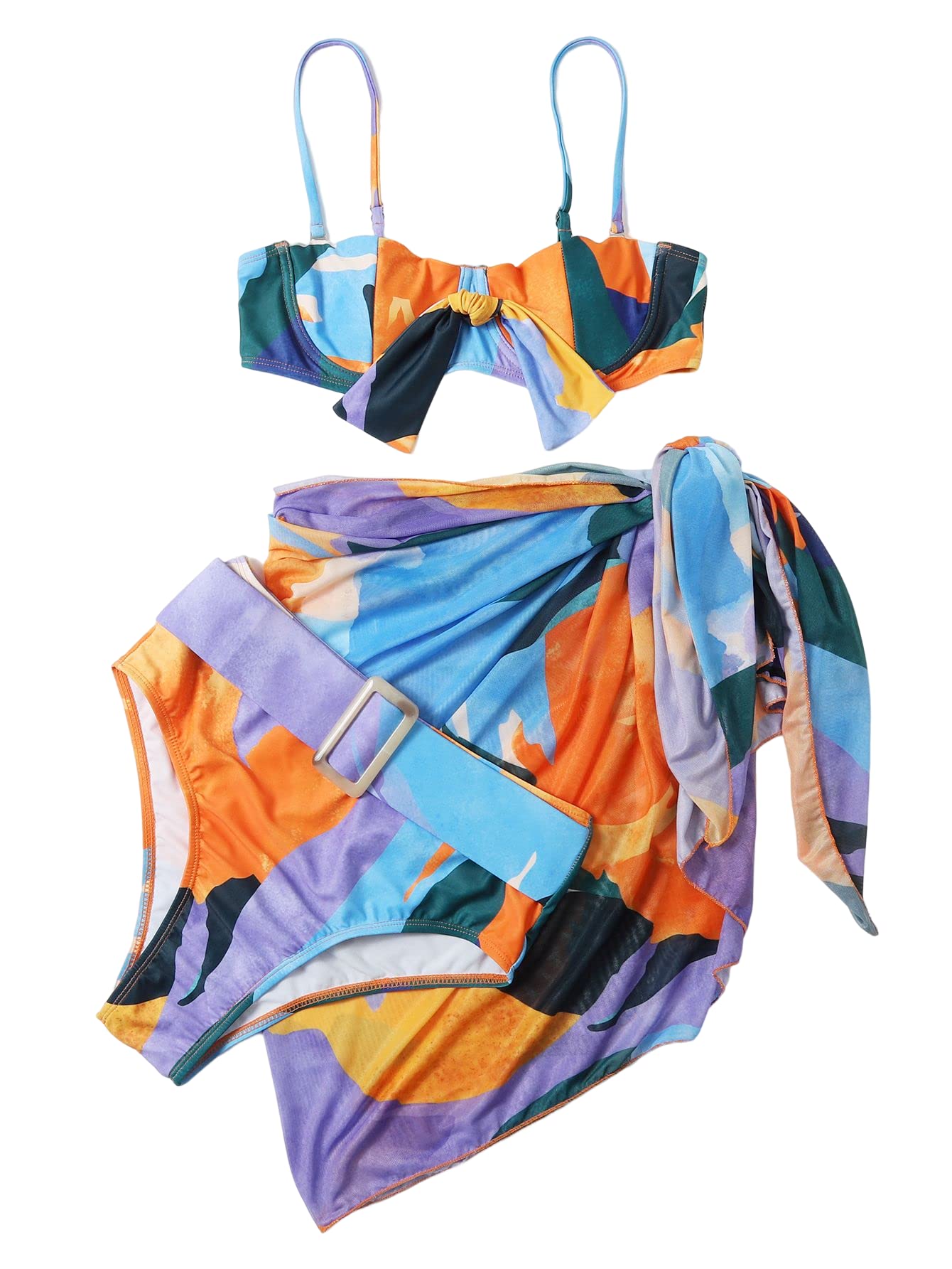 SheIn Women's 3 Piece Graphic Belted Bikini Set - Sexy Swimwear with Matching Cover Up Skirt for Beach, Pool Party & Summer Vacation