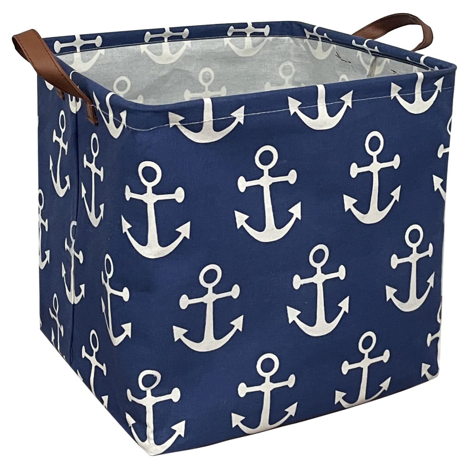 Collapsible Storage Bin with Handles - Foldable Laundry Basket & Nursery Storage Box - Navy Blue Anchor Pattern - Perfect for Kids' Room, Closet Organization & Travel Storage