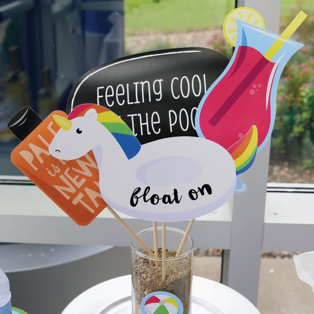 Make a Splash Pool Party Photo Booth Props Kit - 20 Count Summer Swimming & Birthday Party Decorations - Fun Beach Party, Backyard BBQ, Kids Celebration Accessories