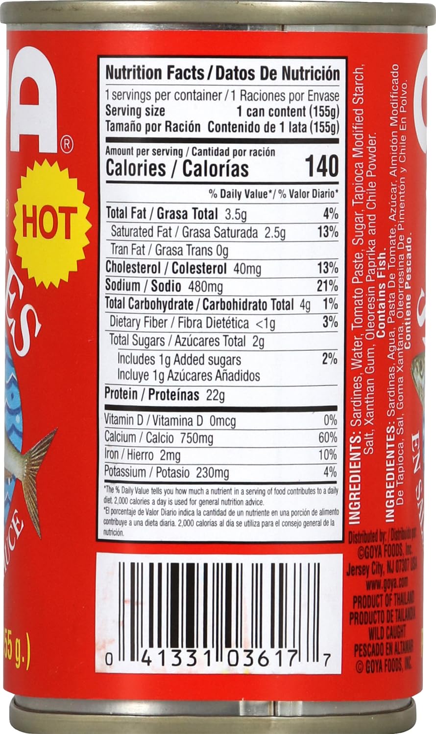 Goya Foods Sardines in Hot Tomato Sauce, 5.5 Ounce (Pack of 50) - Premium Canned Fish for Cooking, Snacks & Emergency Food Storage