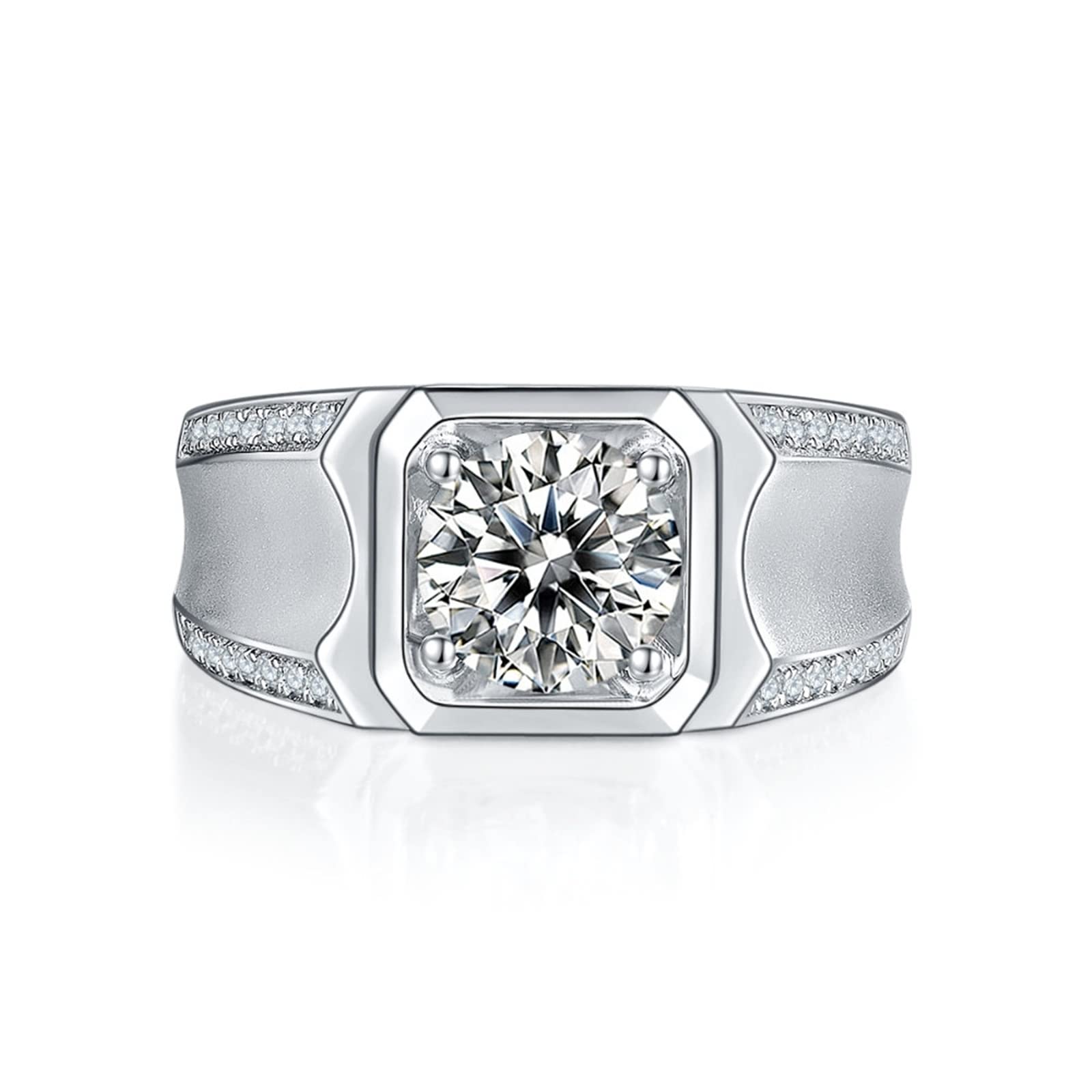 Sterling Silver Men's Wedding Band - Square Wide Ring with Zirconia, White Gold Plated for Men - Perfect for Engagement, Anniversary & Special Occasions