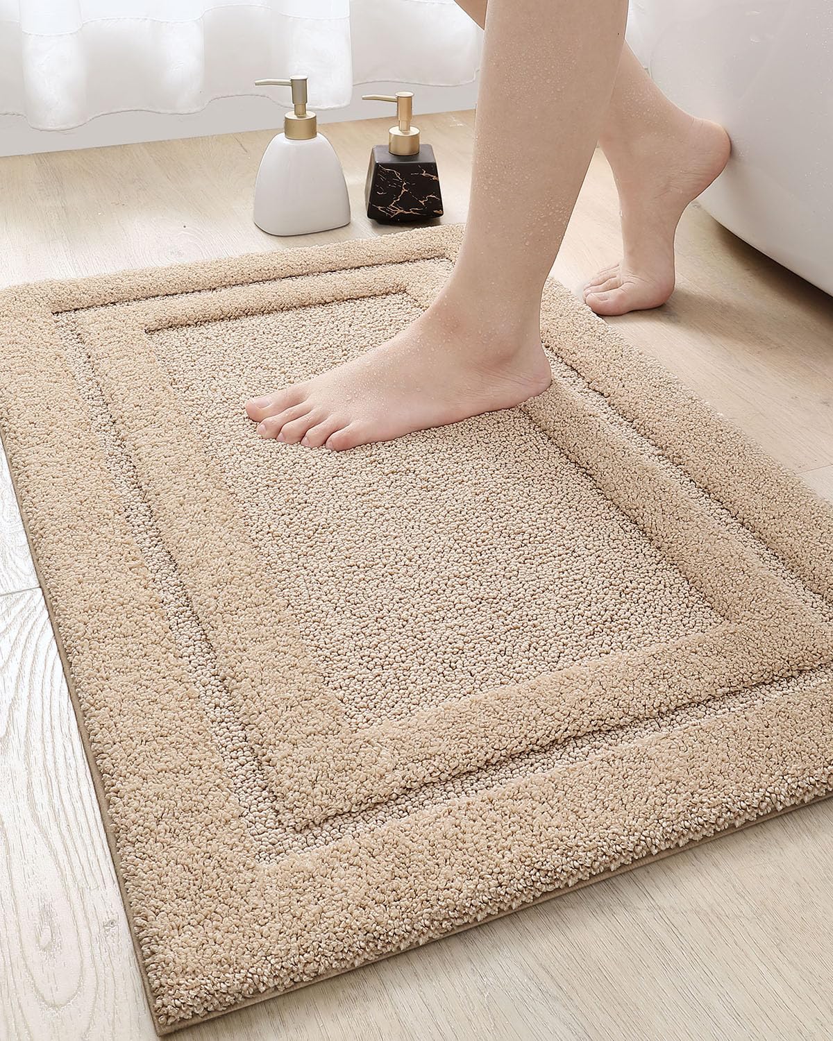 **DEXI Non-Slip Bathroom Rugs 24x16 Inches, Beige Washable Bath Mat for Floor - Ultra Absorbent Plush Microfiber Shower Mat, Quick Dry Bathroom Carpet for Bathroom, Shower, and Vanity Areas**