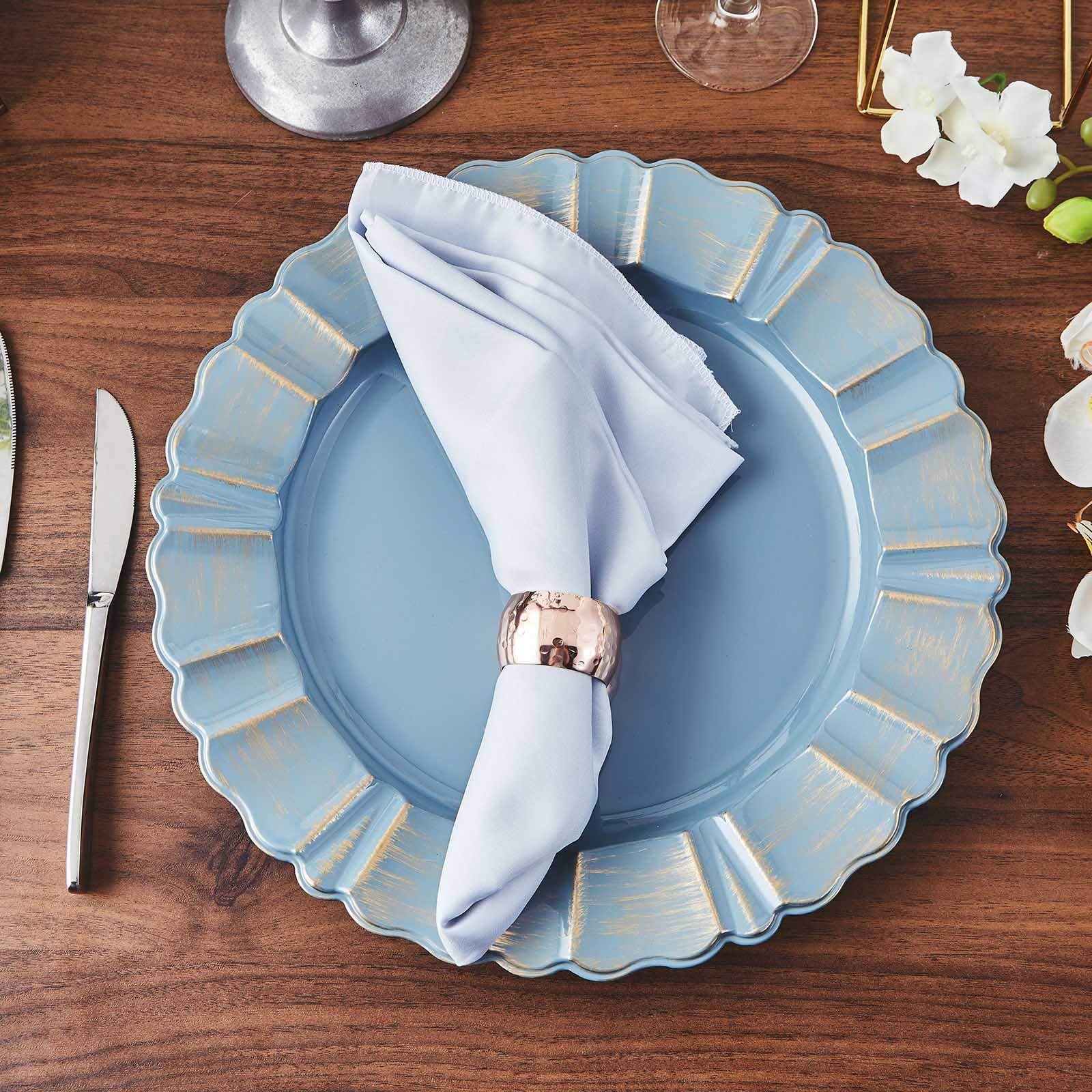 Set of 6 - 13 Inch Round Charger Plates with Wavy Scalloped Edge for Weddings, Parties & Formal Dining - Elegant Dusty Blue Tableware Decor
