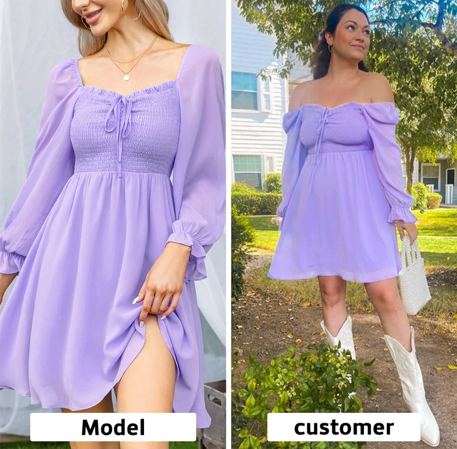 Byinns Women's Drawstring Mini Dress - Sweetheart Neckline Smocked Flowy Summer Dress with Puff Long Sleeves & Ruffles | Perfect for Wedding Guest, Party, Date Night and Casual Outings