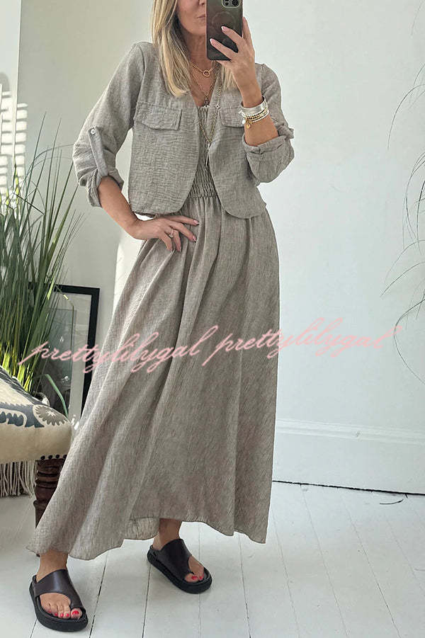 Stylish Solid Color Casual Short Jacket with Suspenders & Pleated Maxi Dress Set for Women | Perfect for Spring Outfits, Date Nights & Office Wear