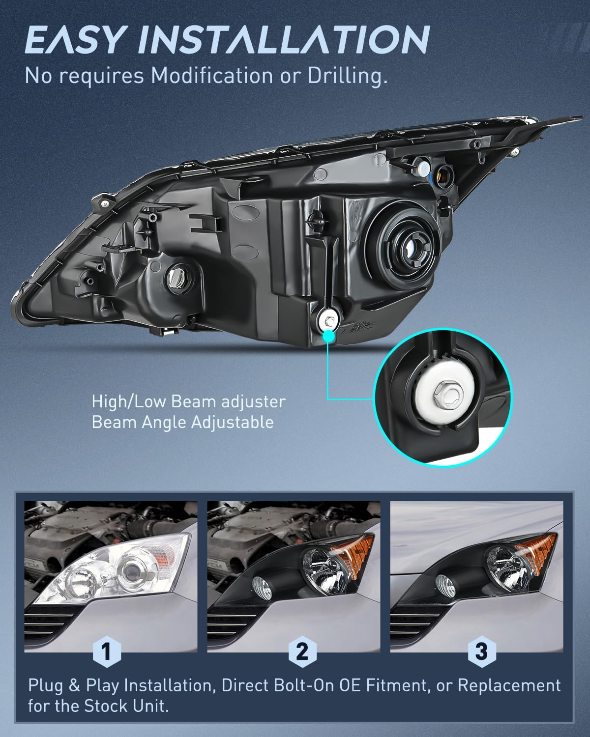 2007-2011 Honda CR-V Headlight Assembly - Black Housing with Amber Reflector - Replacement for Daytime & Night Driving Safety