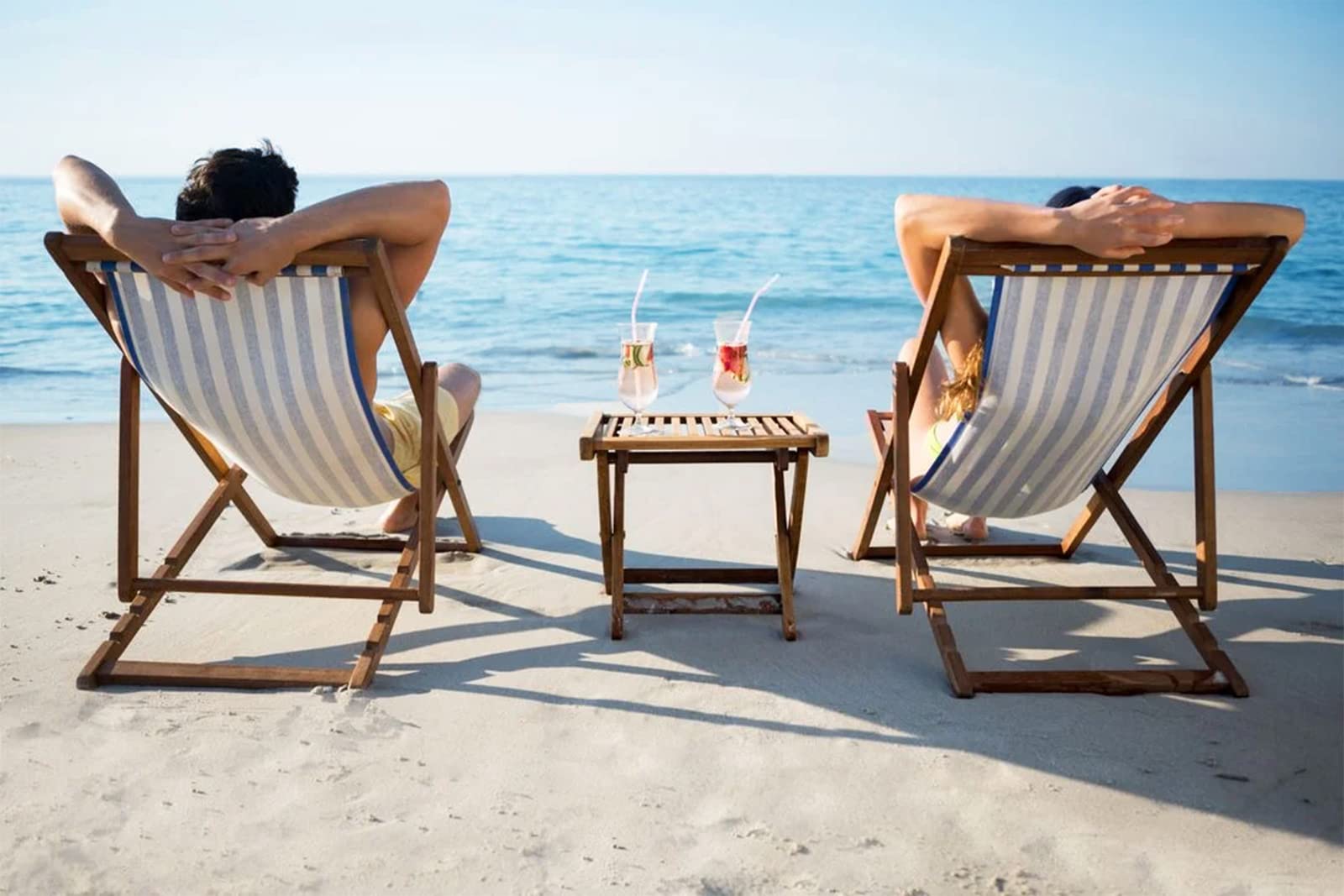 Adjustable Wood Backrest Folding Beach Sling Chair - Portable Outdoor Lounge Recliner for Patio, Lawn, Deck, Poolside & Camping - Comfortable Blue Relaxation Chair