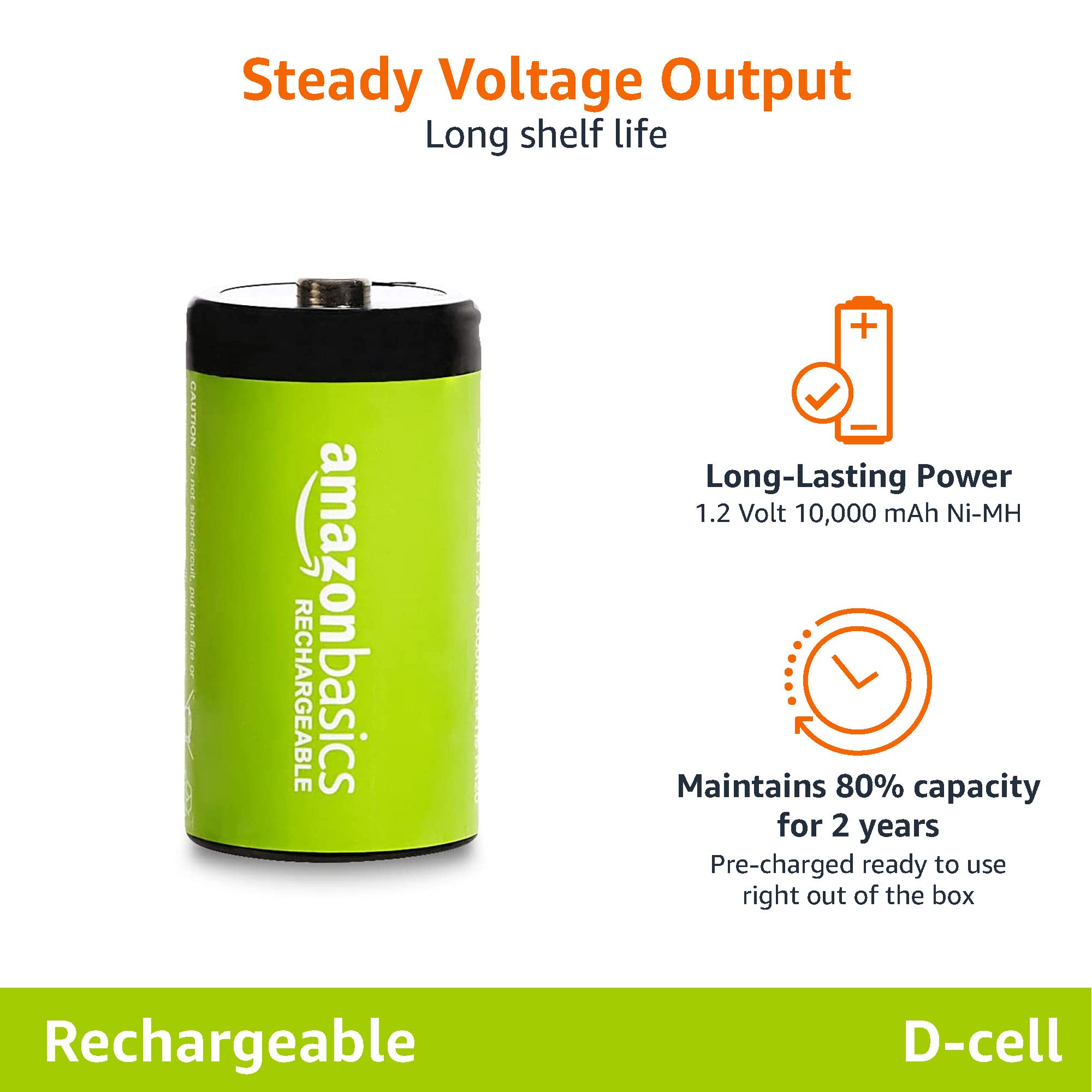 Amazon Basics Rechargeable D Cell Batteries - 4 Pack NiMH 10000mAh High Capacity - 1000 Charge Cycles - Pre-Charged for Immediate Use - Ideal for Flashlights, Toys, Radios & Emergency Power Backup