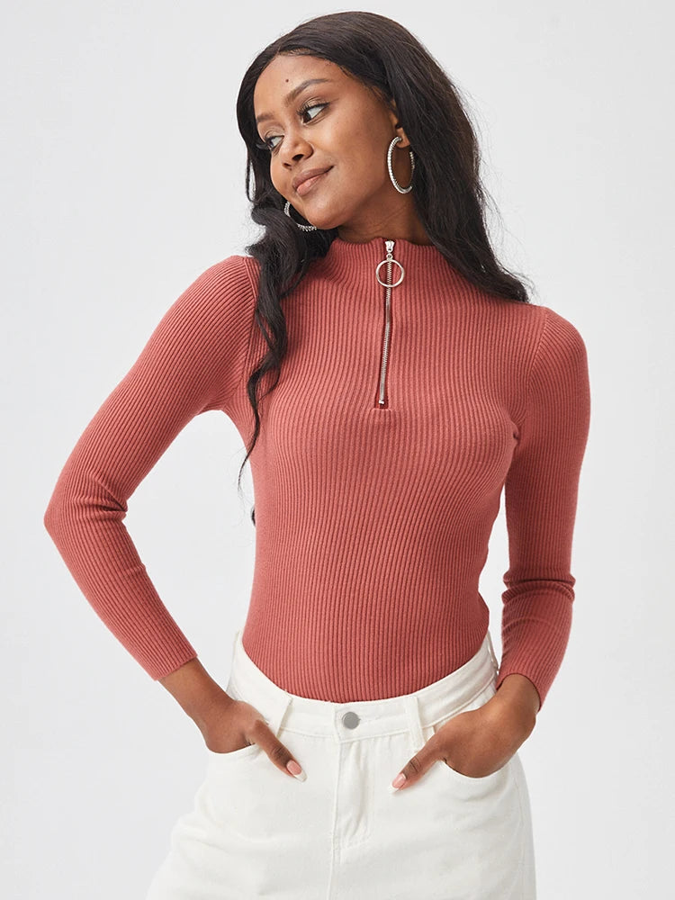 Vintage Solid Knitted Long Sleeve Zip-Up Half Turtleneck Sweater for Women - Cozy Winter Pullover for Casual Outfits & Office Wear