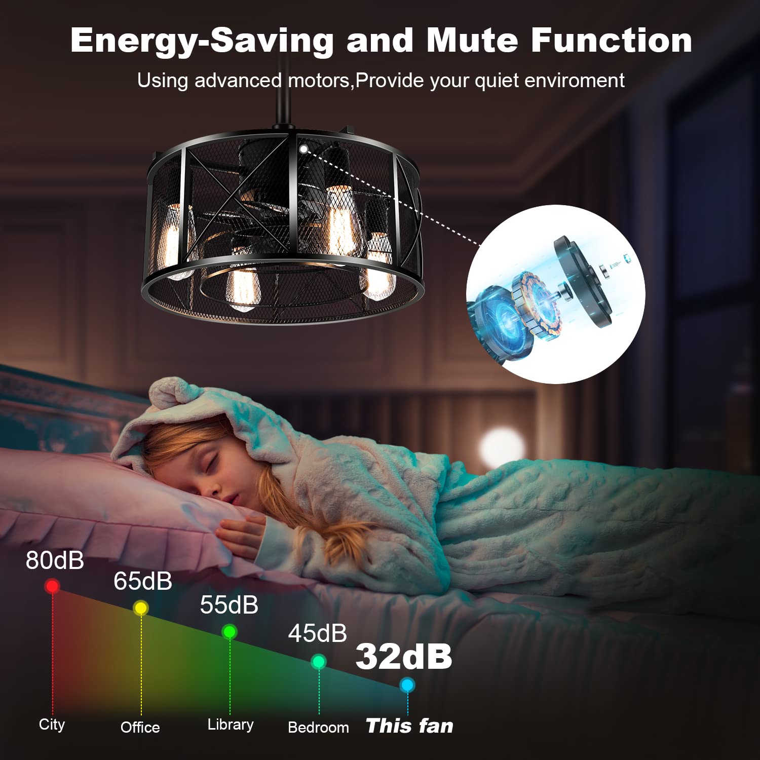 LEDMO Caged Ceiling Fan with Light & Remote - Adjustable Speed Black Industrial Fan for Kitchen, Bedroom, Farmhouse