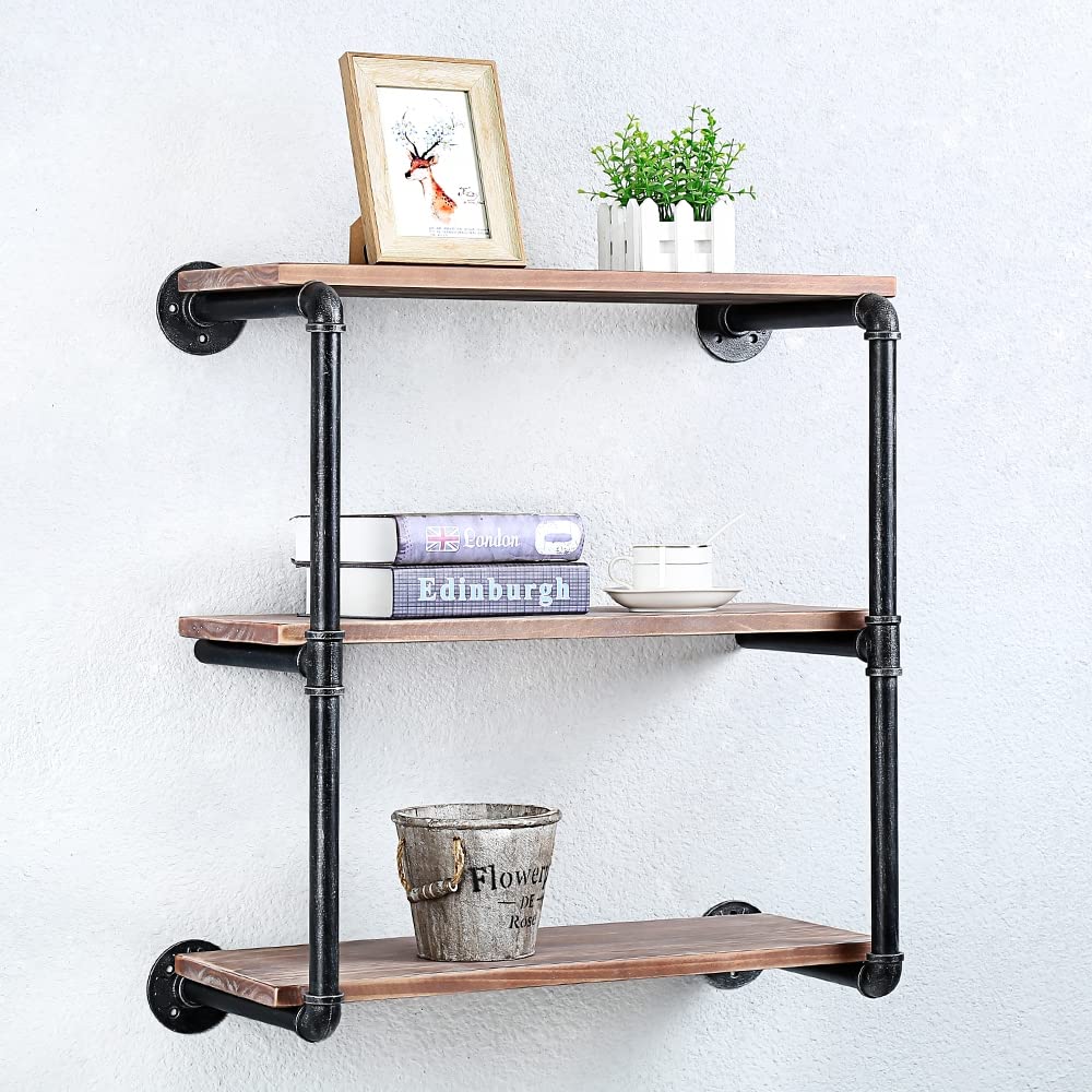 Industrial Pipe Floating Shelves - 3 Tier 24 Inch Wall Mounted Wood & Metal Shelving for Books, Decor & Storage | Perfect for Living Room, Bedroom & Home Office Organization
