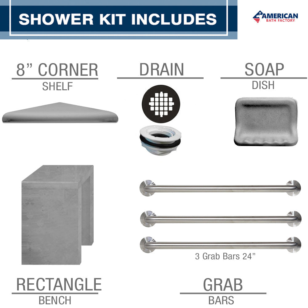 Freedom Zero Delmar Wet Cement 60-Inch Alcove Stone Shower Enclosure Kit - Waterproof Bathroom Remodeling Solution for Modern Homes