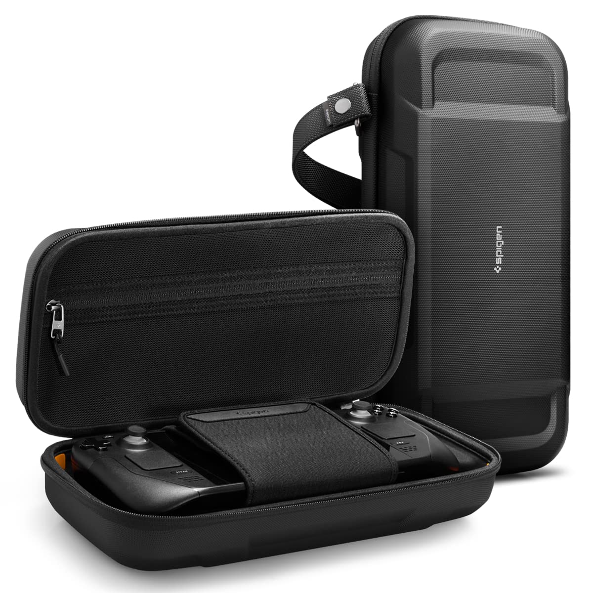 Spigen Rugged Armor Pro Case for Steam Deck LCD/OLED - Travel Protection with Accessory Pockets & Charger Storage - Perfect for Gaming On-The-Go