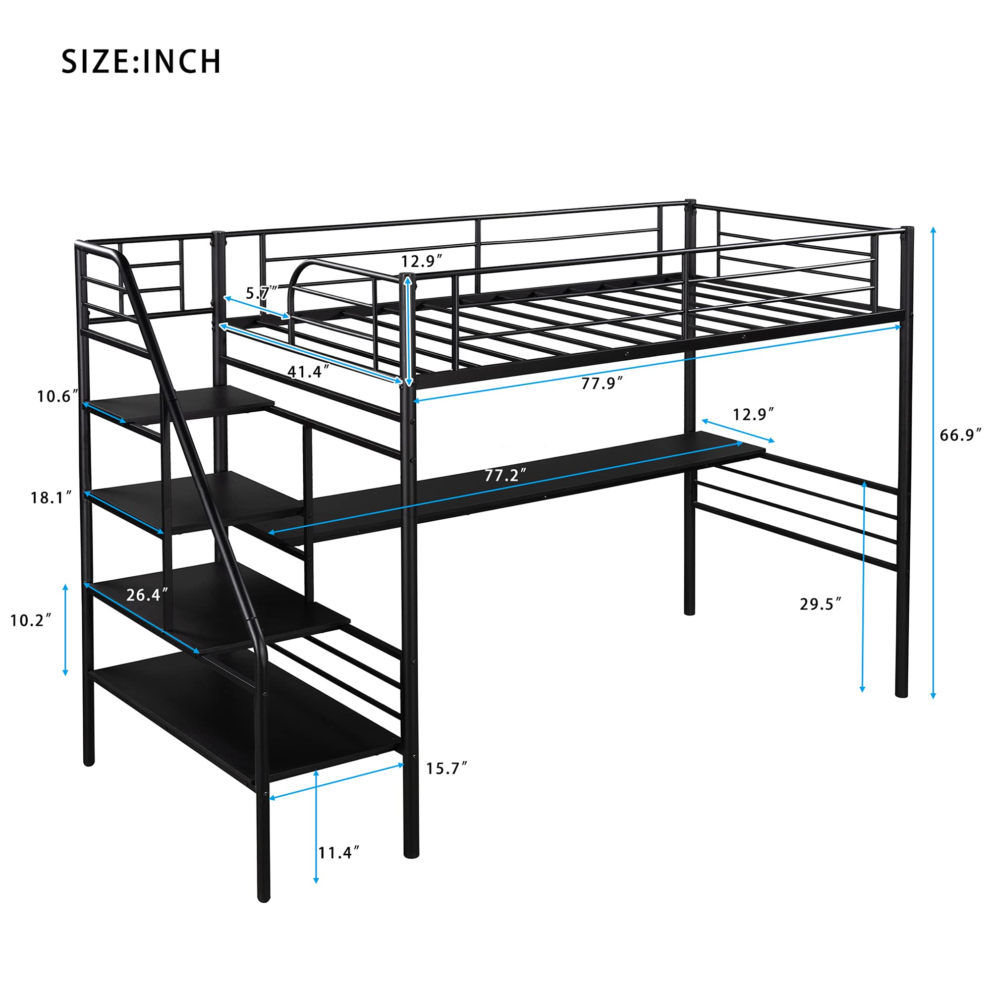 P PURLOVE Twin Loft Bed with Stairway - Sturdy Metal Frame, No Box Spring Required - Space Saving Kids & Teen Bunk Bed for Small Rooms, Dorms & Apartments (Black)