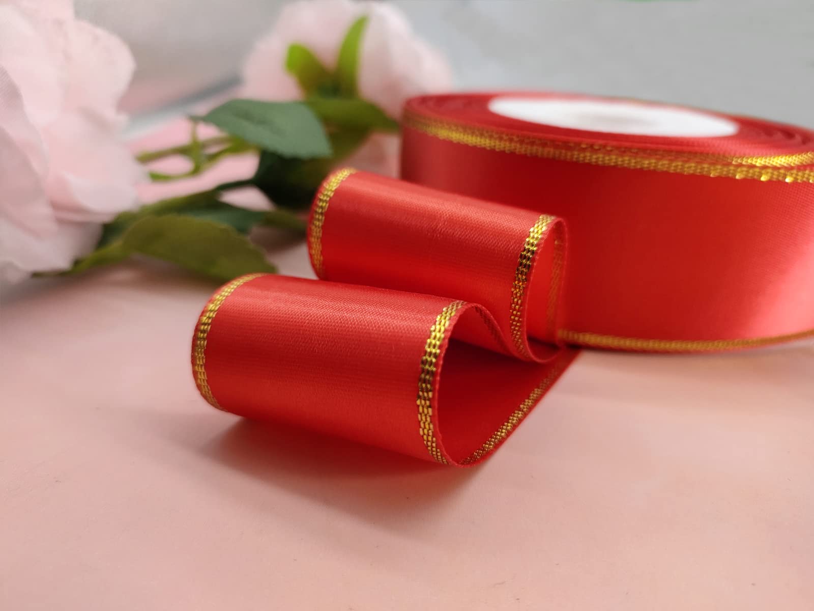 1.5 Inch 25 Yards Red Satin Ribbon with Gold Edge - Double Faced Gift Wrapping Ribbon for Wedding, Party, Baby Shower Decorations - Perfect for DIY Crafts, Gift Packaging, and Holiday Decor