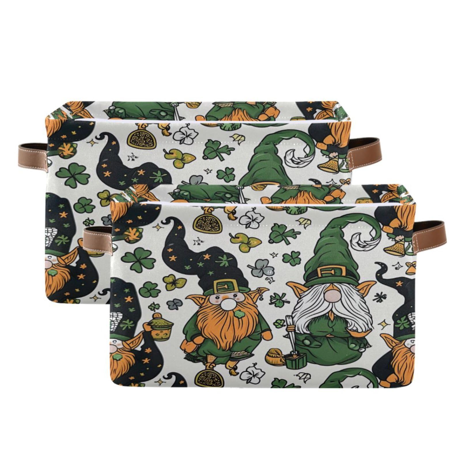 Qilmy St. Patrick's Day Gnome Storage Basket 2 Pack - Collapsible Canvas Rectangular Bin with Leather Handles for Closet, Office, Nursery | Perfect for Holiday Decor & Home Organization