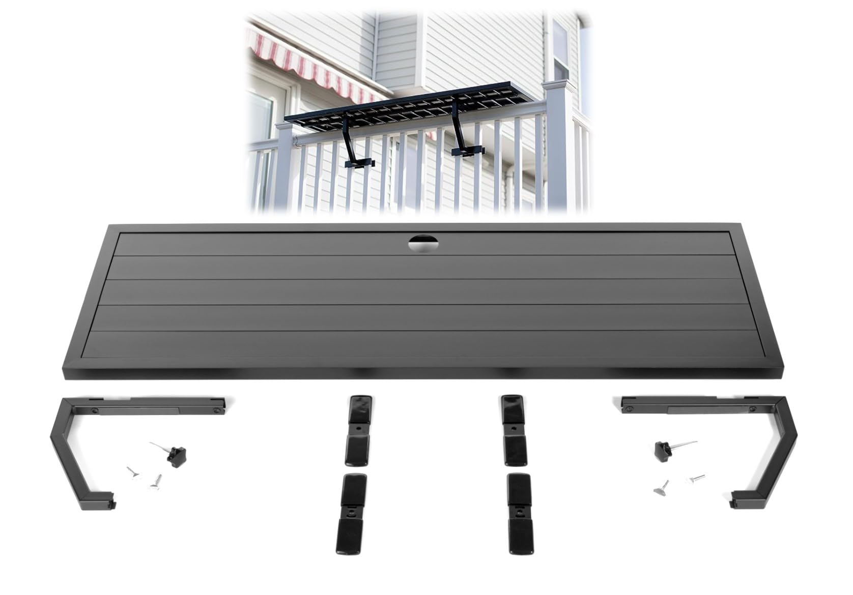 Black Aluminum Deck Rail Table - Sturdy Dining, Side or Bar Top Table with Easy Attach Bracket System for Patio, Deck & Outdoor Entertaining