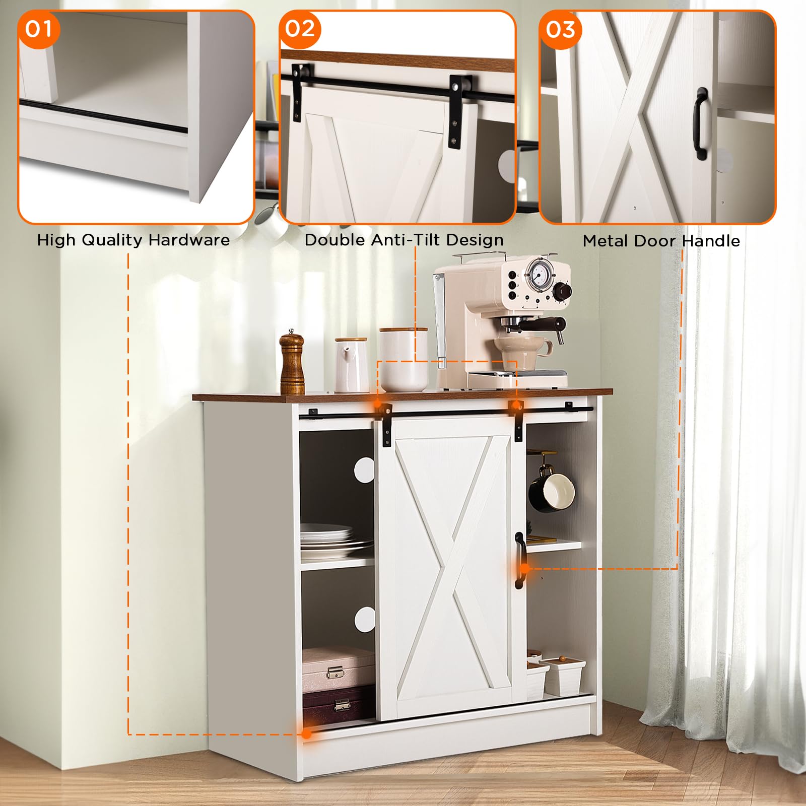 Farmhouse White Coffee Bar Cabinet with Storage - Sliding Barn Door & Adjustable Shelves - Perfect for Kitchen, Dining Room, or Living Room Coffee Station Setup