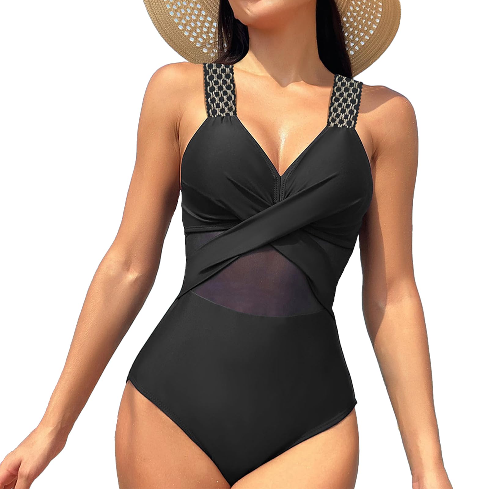 SINBRLAI Women's One Piece Swimsuits - Tummy Control V Neck Monokini with Lace Cutout for Beach, Pool & Summer Vacations