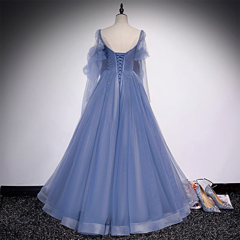 Elegant Blue A-Line Tulle Prom Dress with Long Sleeves - Formal Evening Gown for Homecoming, Quinceañera & Special Occasions - Size 215